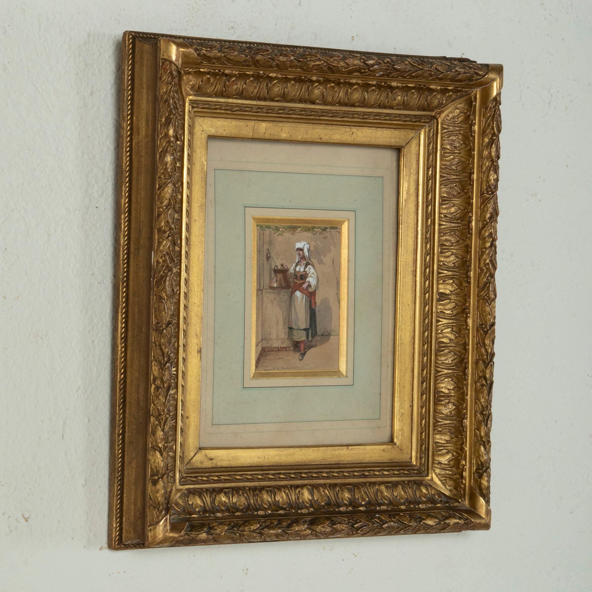 Mid-19th Century French Gouache Painting on Paper, 22K Gold Leaf Giltwood Frame 1