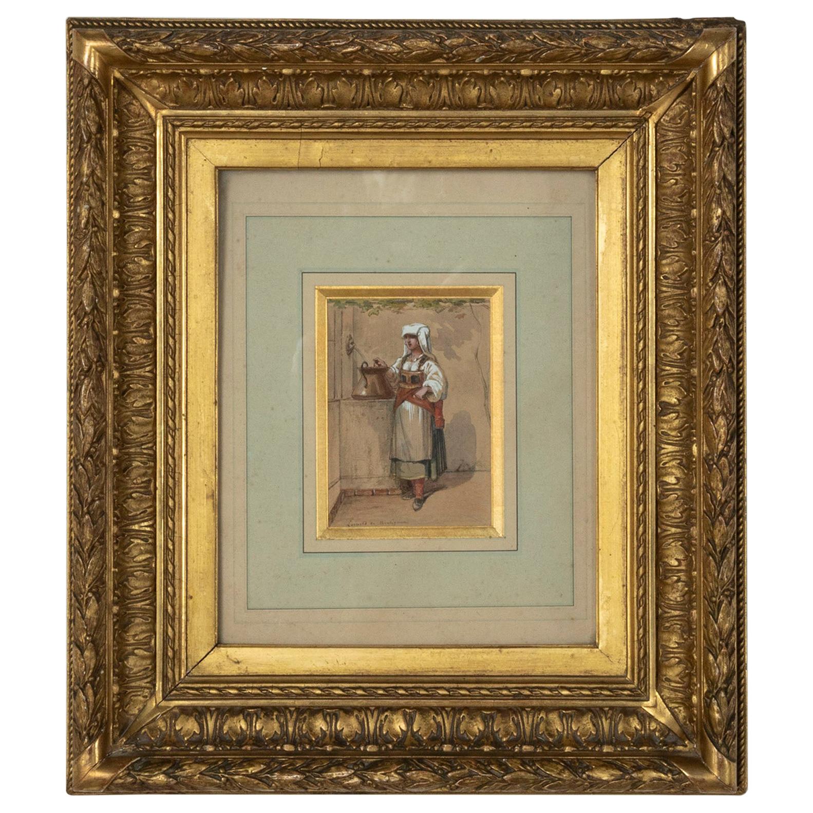 Mid-19th Century French Gouache Painting on Paper, 22K Gold Leaf Giltwood Frame