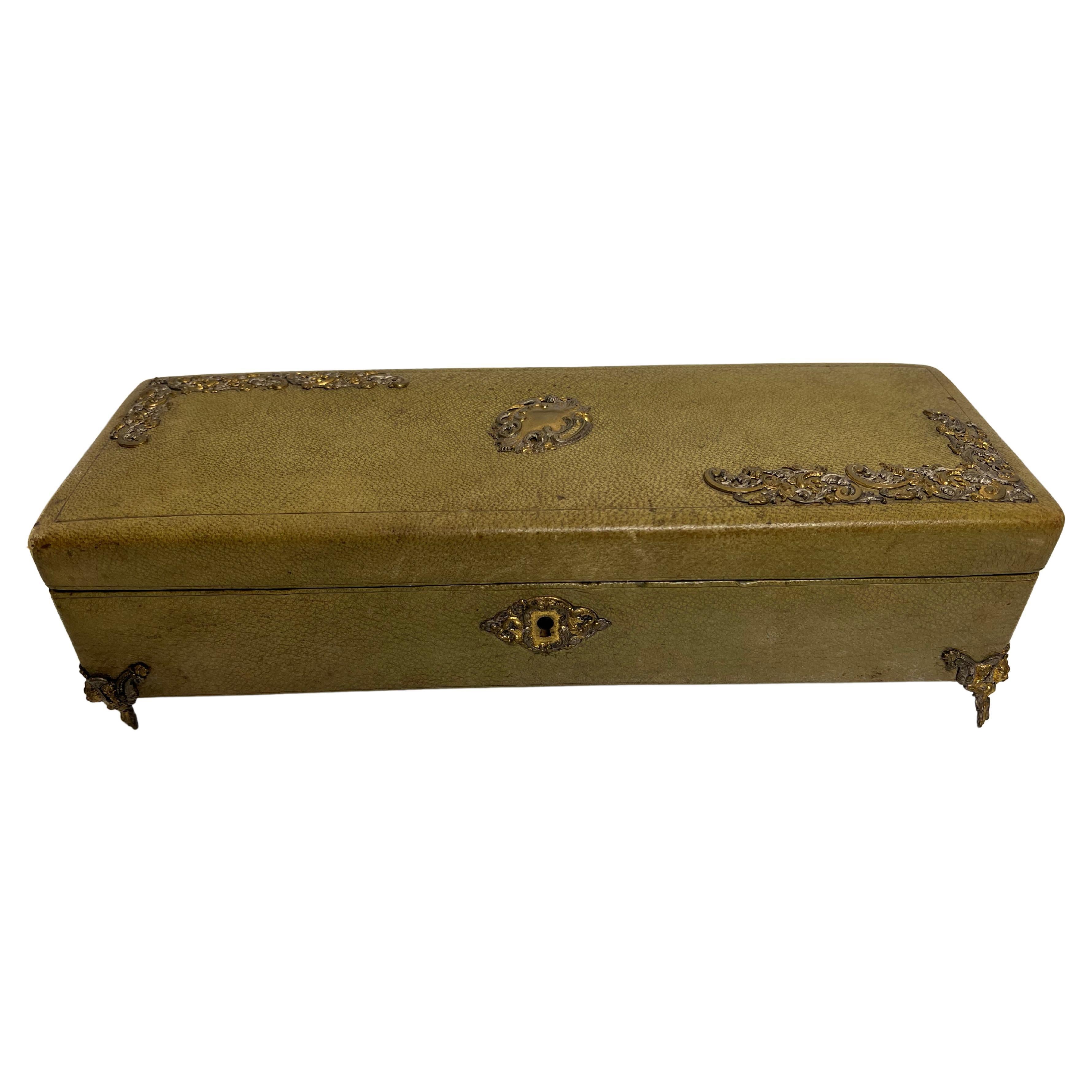 Mid-19th Century French Green Leather Glove Box with Ormolu and Pink Interior