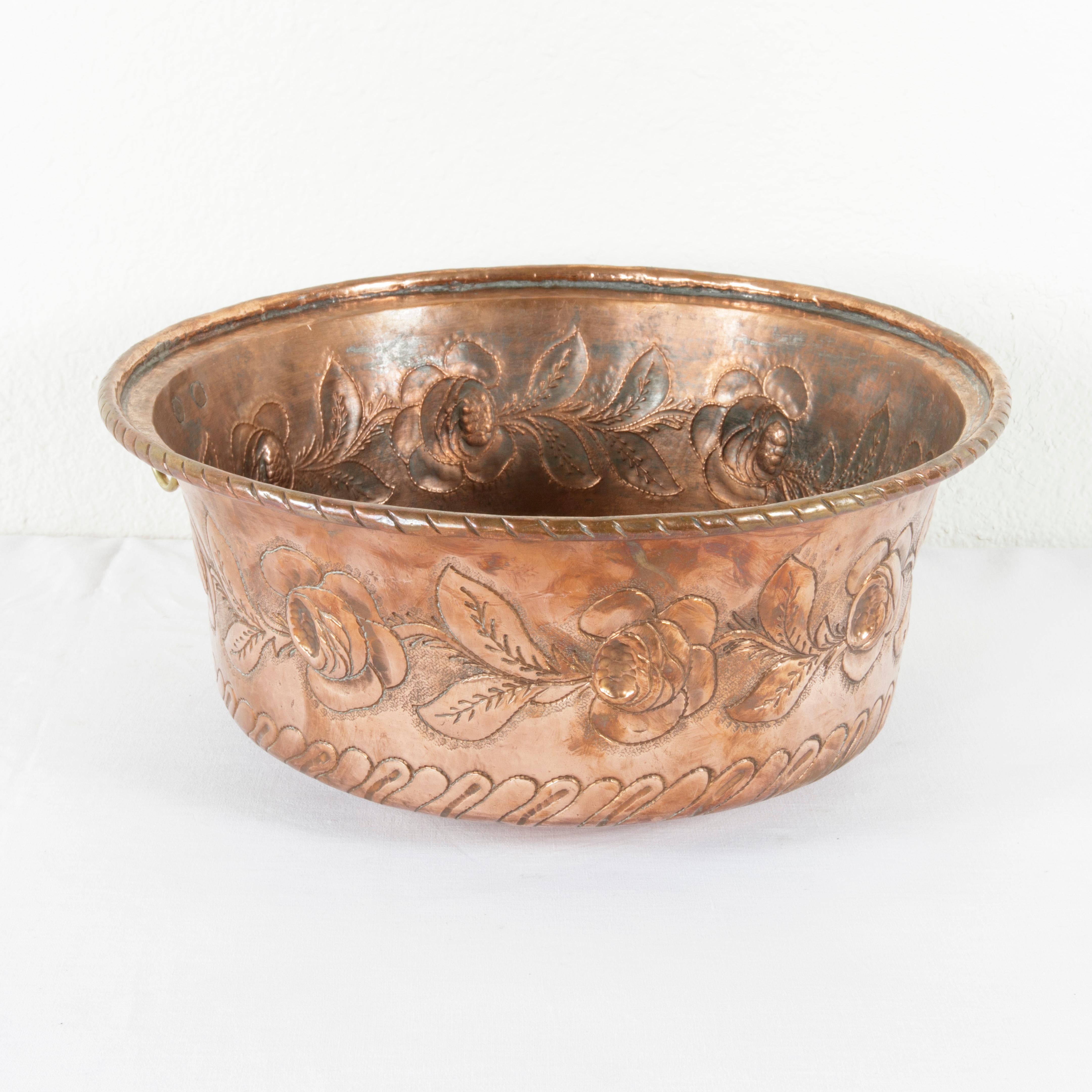 Repoussé Mid-19th Century French Hand Hammered Copper Repousse Cauldron, Bowl, Cachepot