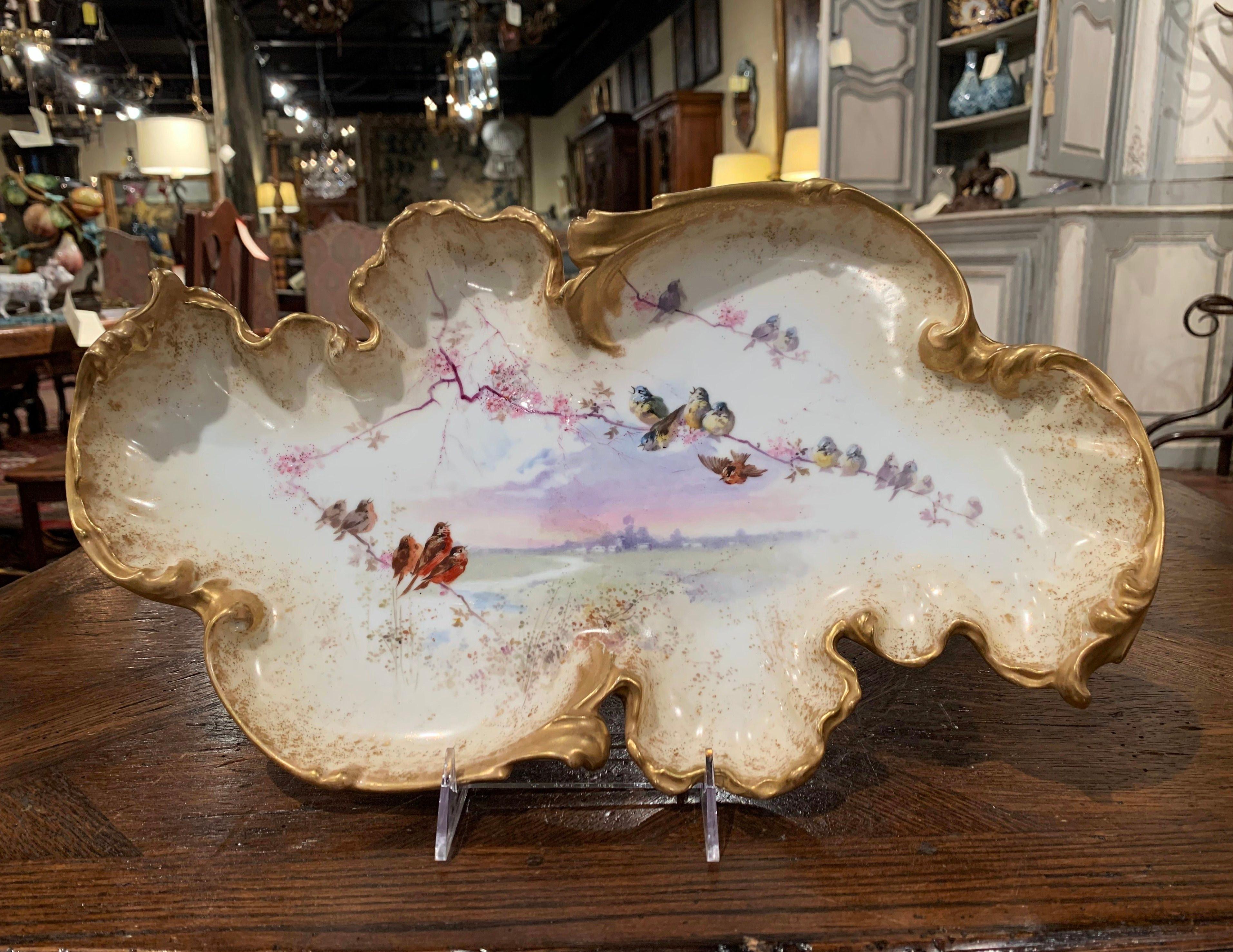 Hand-Painted Mid-19th Century French Hand Painted and Gilt Porcelain Dish with Bird Decor