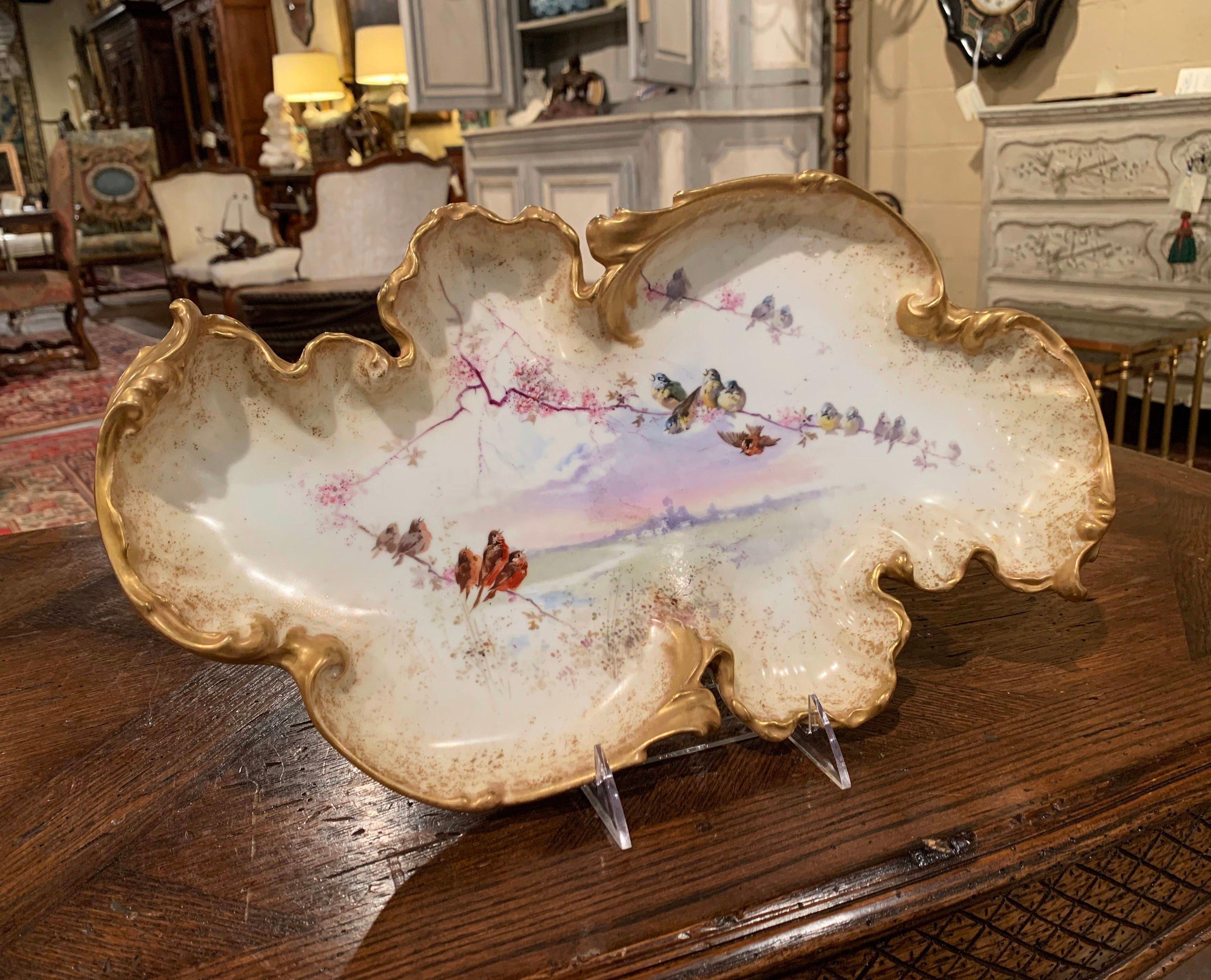 Mid-19th Century French Hand Painted and Gilt Porcelain Dish with Bird Decor 2