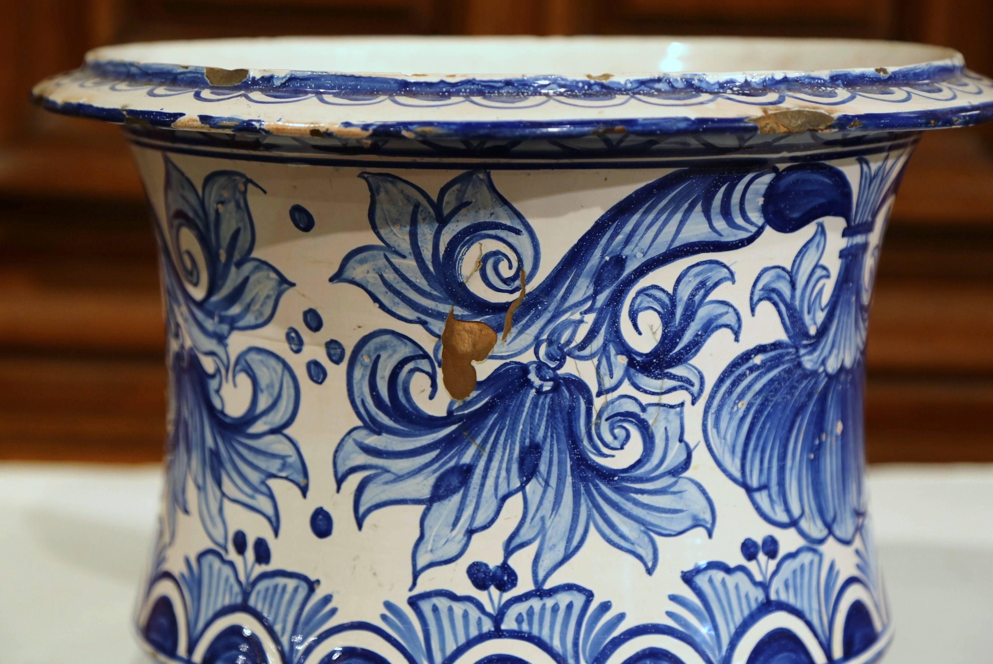 Mid-19th Century French Hand-Painted Blue and White Cachepot Planter 3