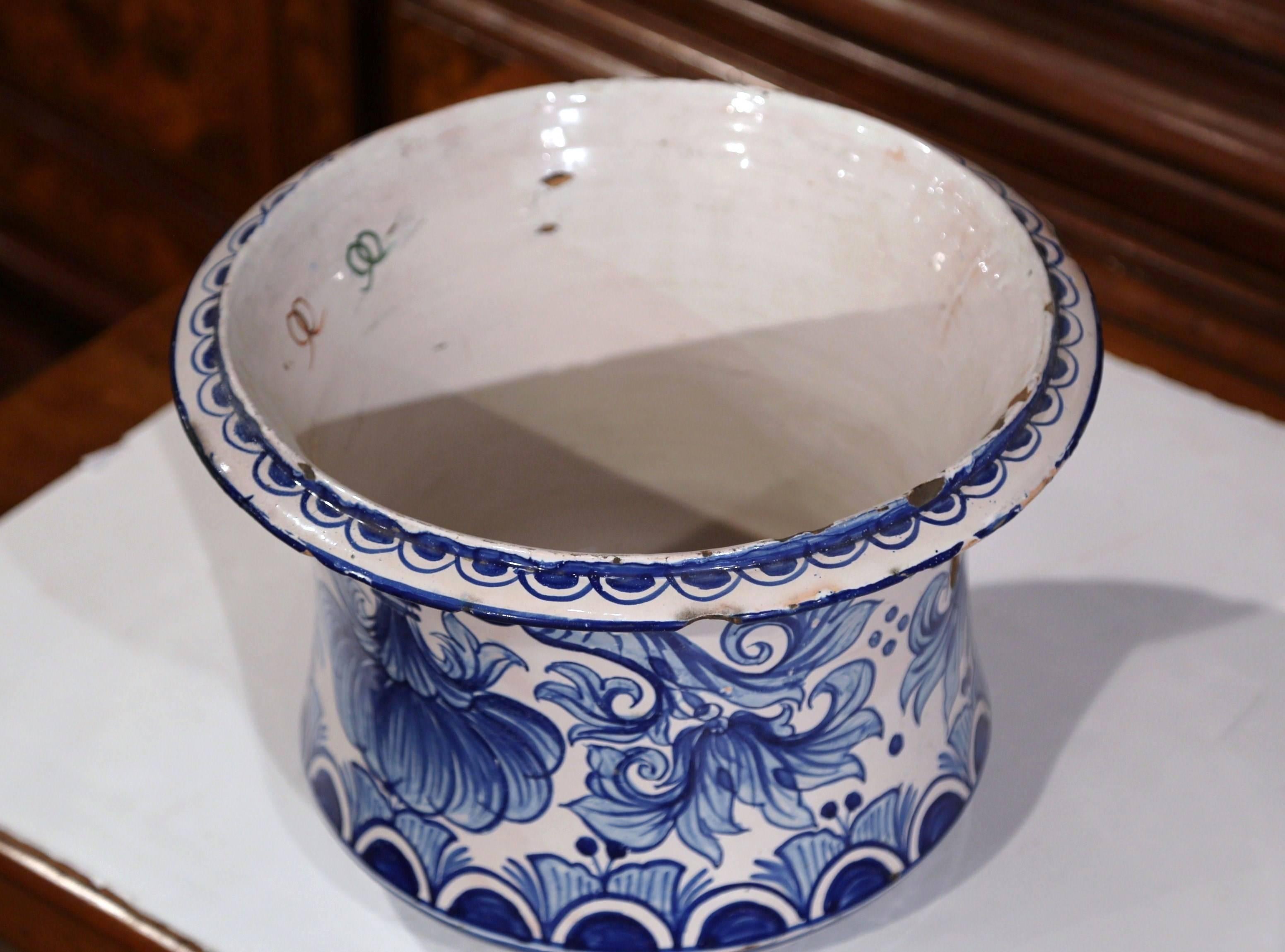 Faience Mid-19th Century French Hand-Painted Blue and White Cachepot Planter