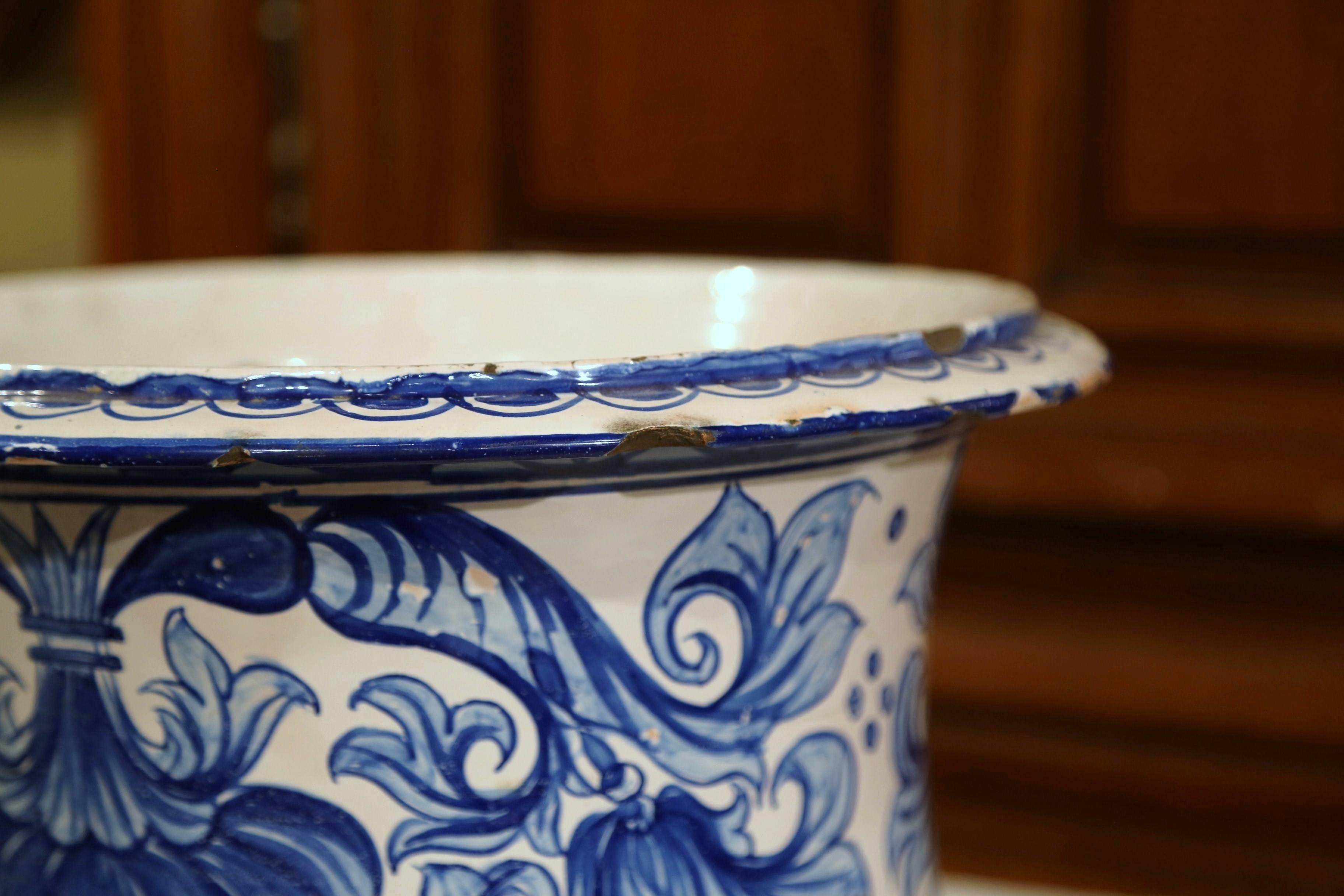Faience Mid-19th Century French Hand-Painted Blue and White Cachepot Planter