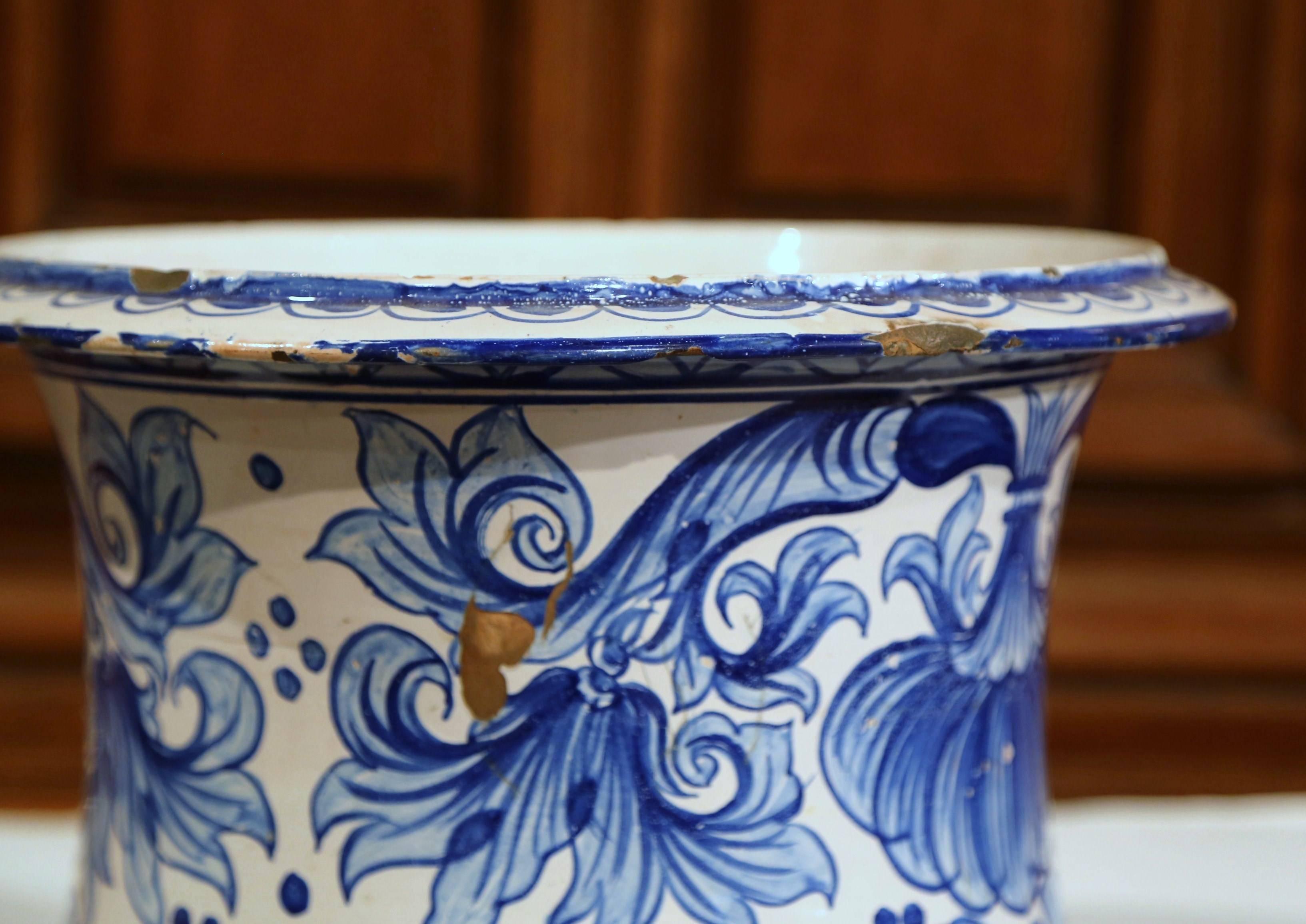 Mid-19th Century French Hand-Painted Blue and White Cachepot Planter 1