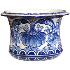 Mid-19th Century French Hand-Painted Blue and White Cachepot Planter