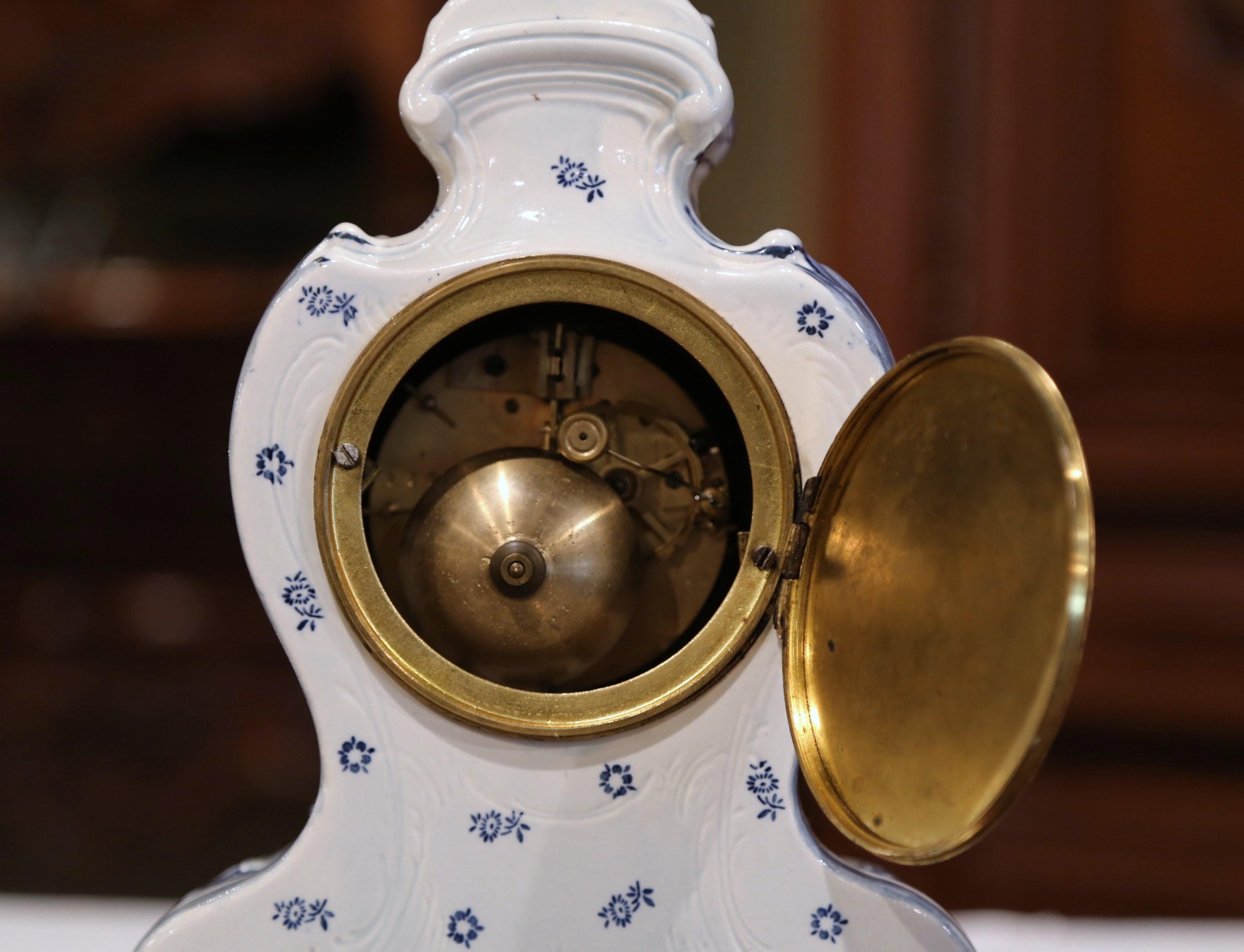 Mid-19th Century French Hand-Painted Blue and White Faience Mantel Clock 5
