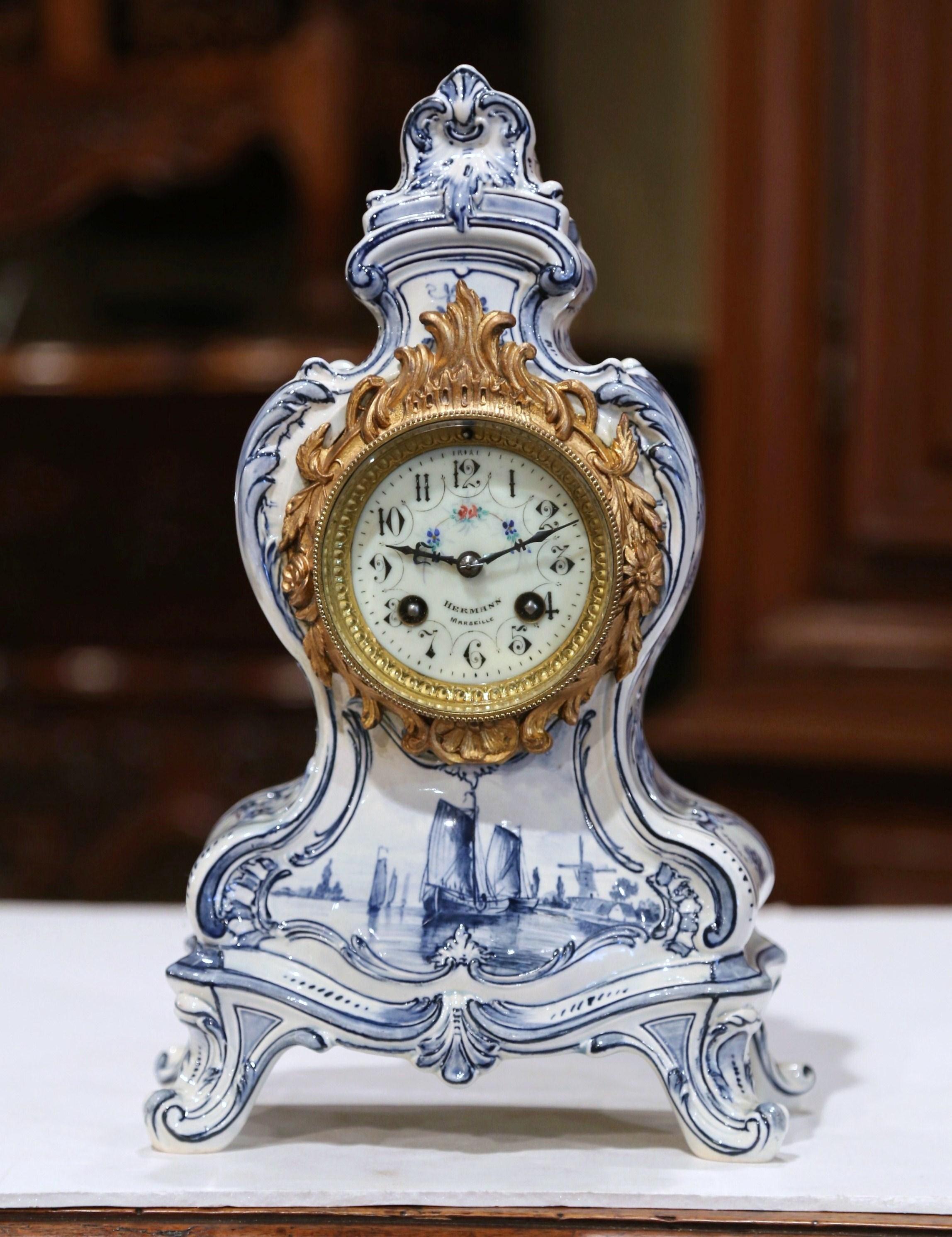 Complete your mantel or desk with this antique, hand painted Louis XV mantel clock. Created in France, circa 1860, the time keeper has its original clock mechanism, which has been professionally cleaned and checked. Seated on scroll feet with