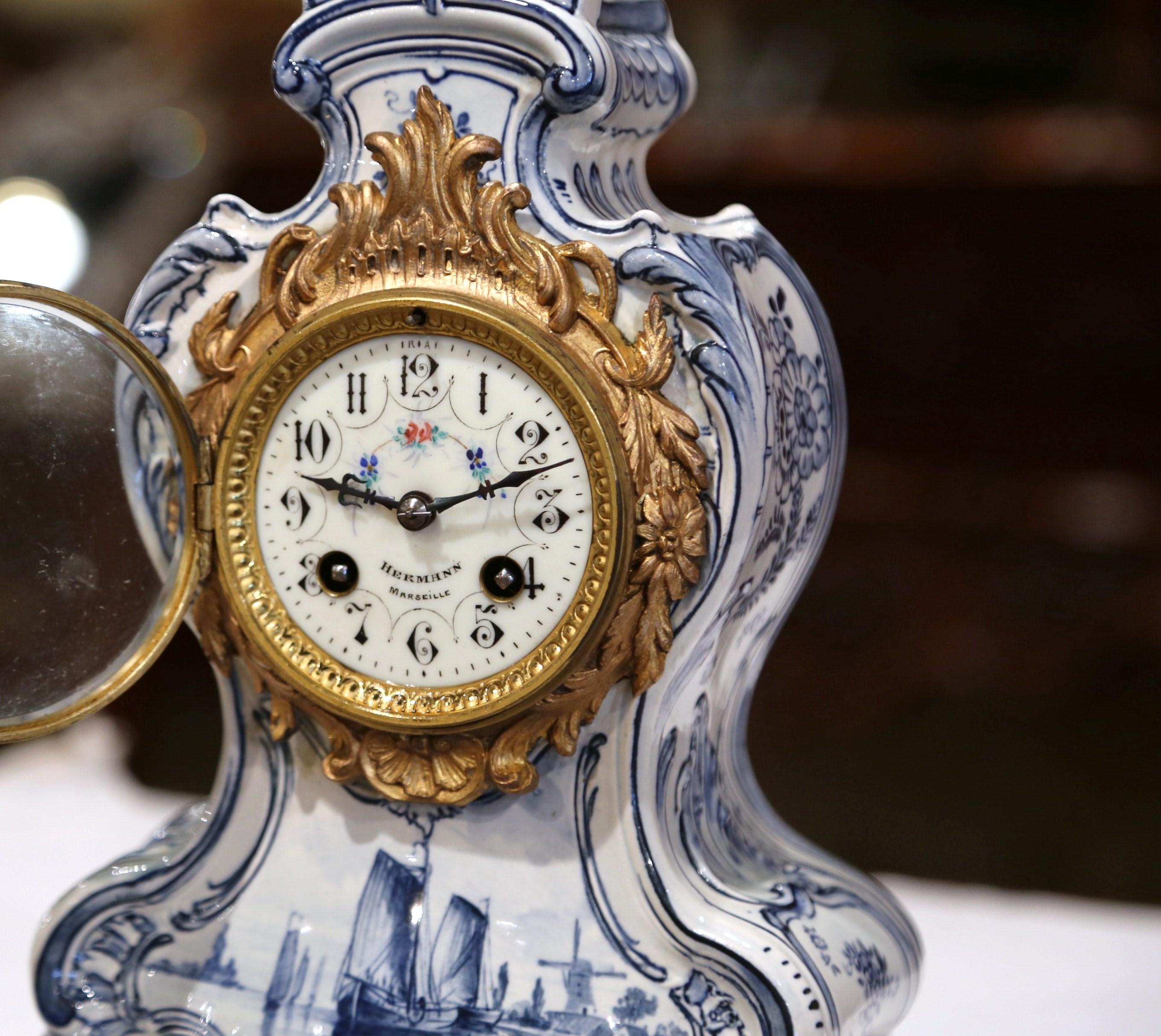 Louis XV Mid-19th Century French Hand-Painted Blue and White Faience Mantel Clock