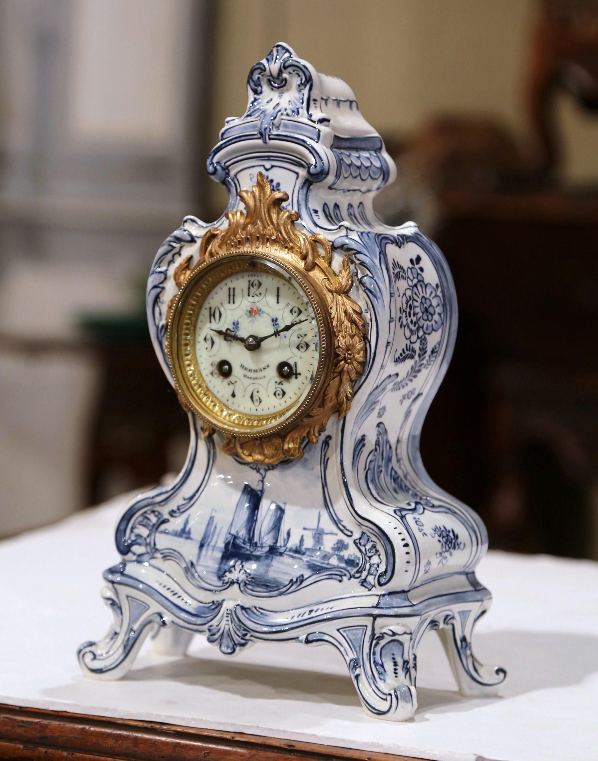 Mid-19th Century French Hand-Painted Blue and White Faience Mantel Clock In Excellent Condition In Dallas, TX