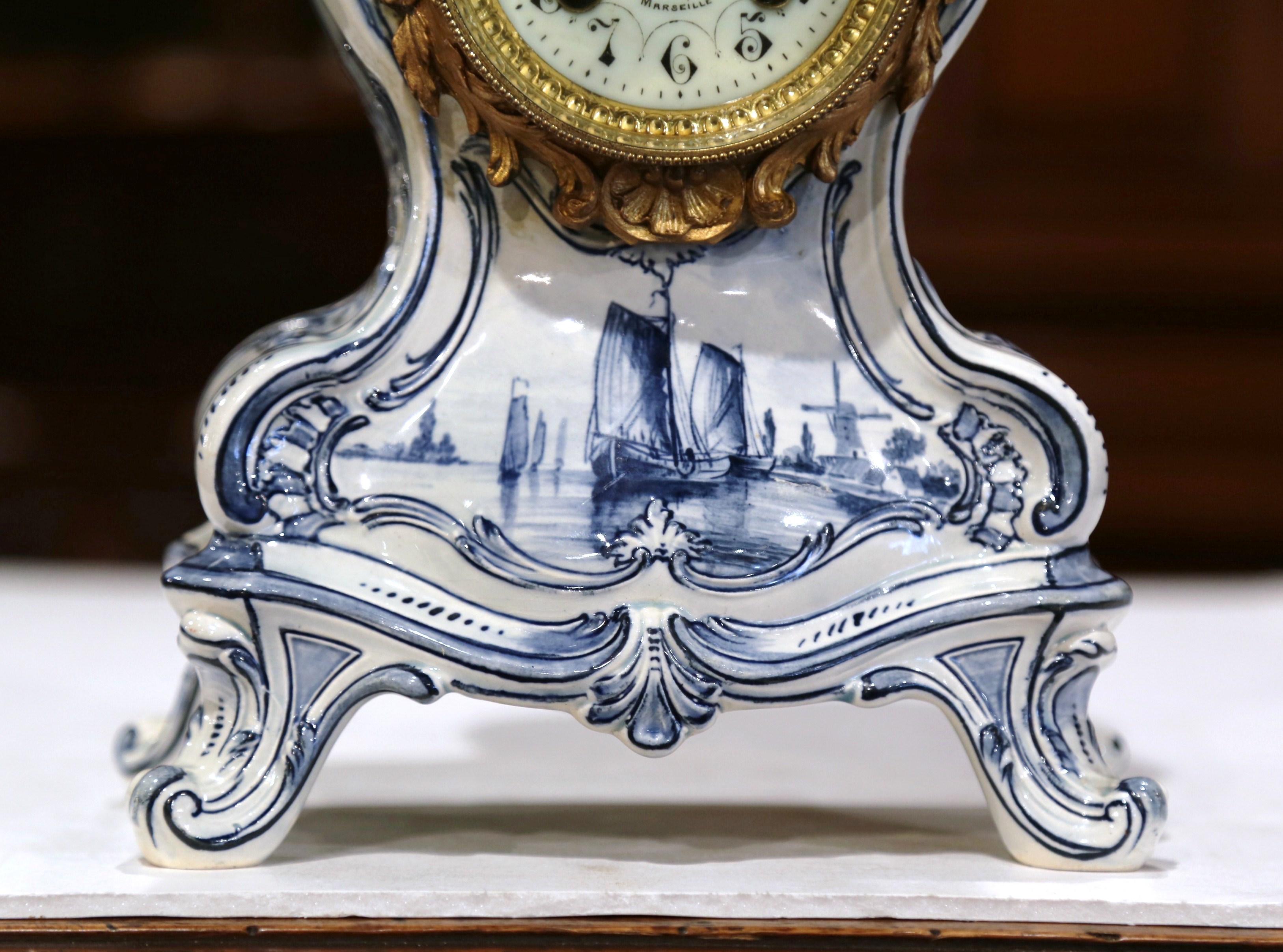 Brass Mid-19th Century French Hand-Painted Blue and White Faience Mantel Clock