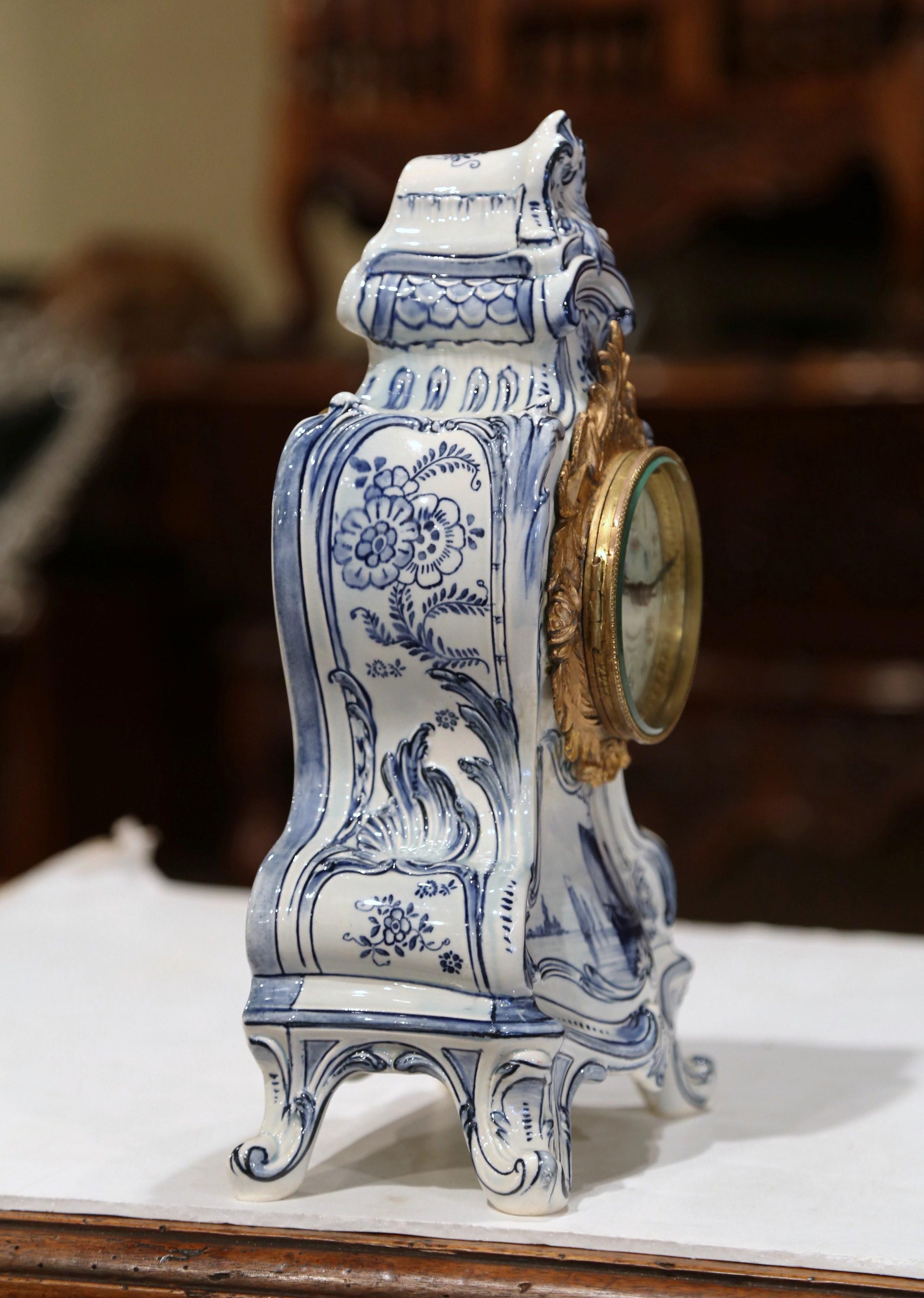 Mid-19th Century French Hand-Painted Blue and White Faience Mantel Clock 1