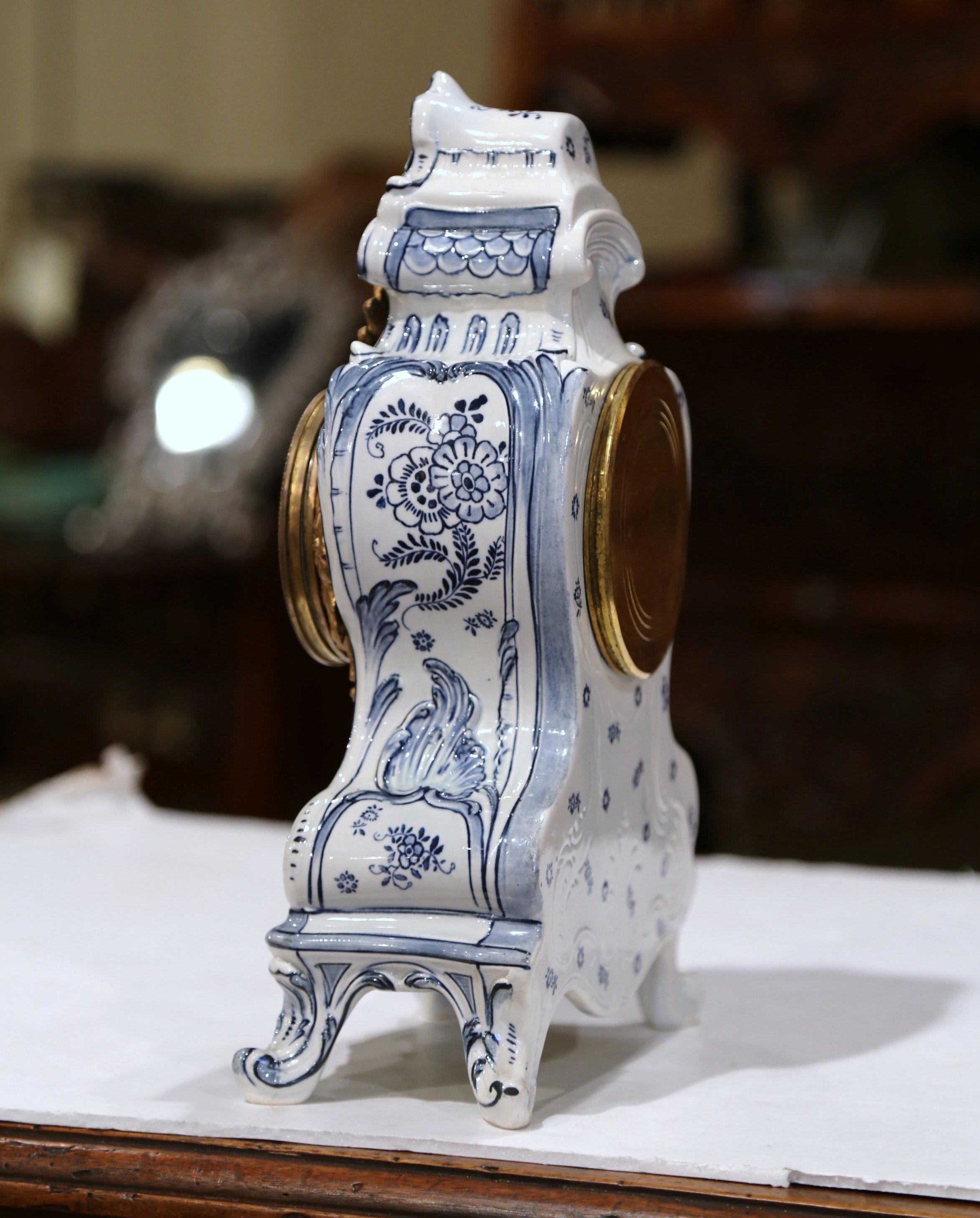 Mid-19th Century French Hand-Painted Blue and White Faience Mantel Clock 2