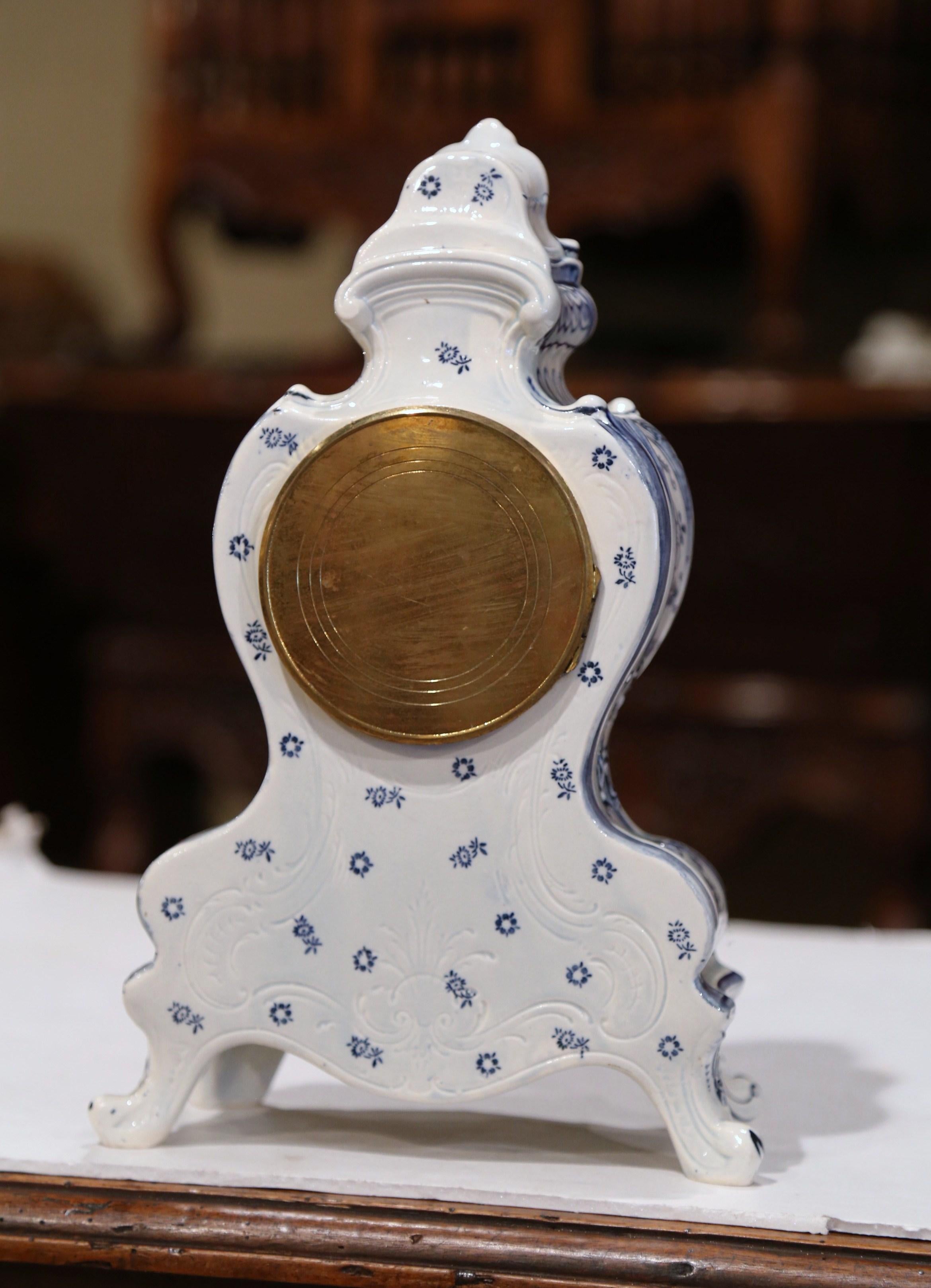 Mid-19th Century French Hand-Painted Blue and White Faience Mantel Clock 3