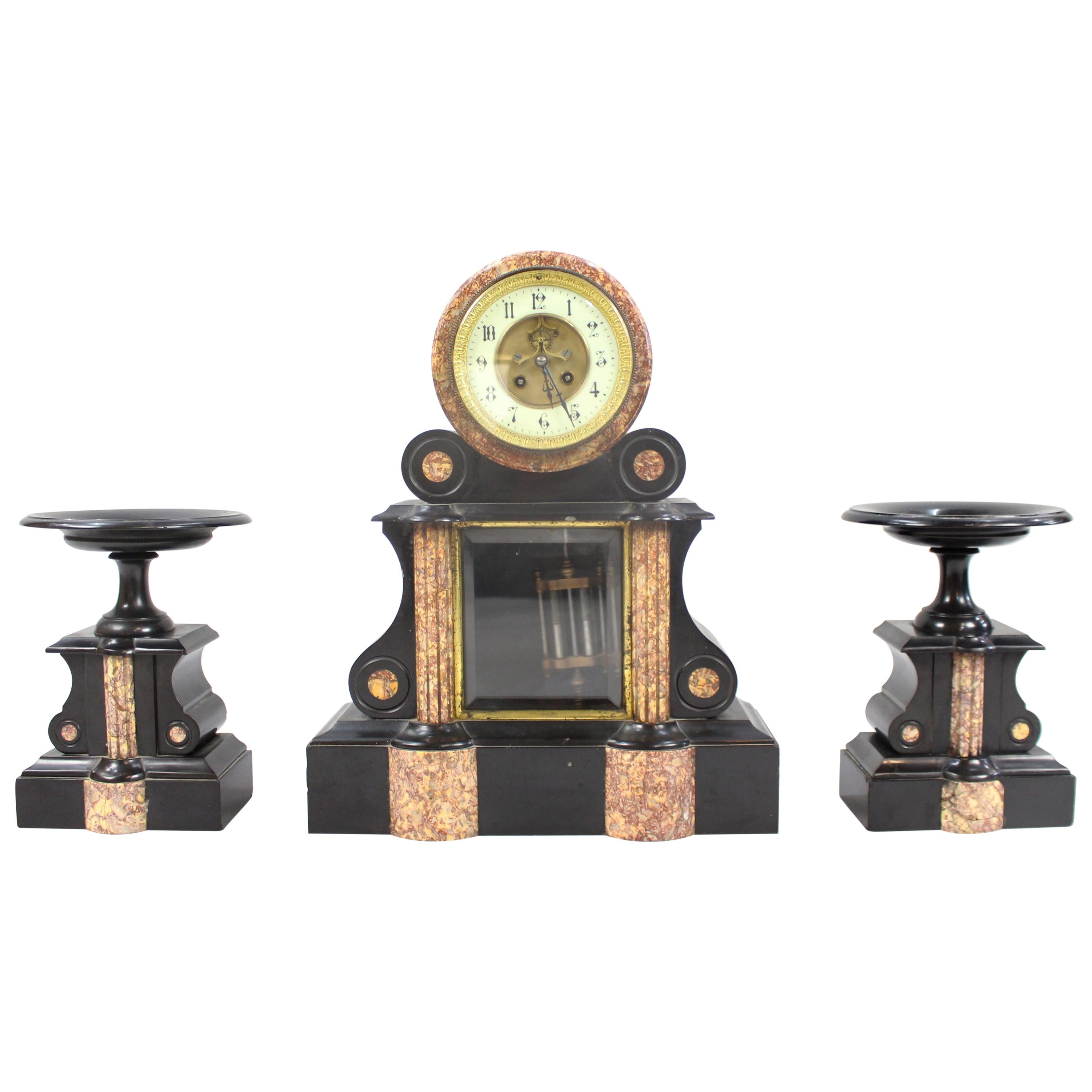 Mid-19th Century French Japy Freres Black Marble Garniture Clock Set For Sale