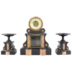 Antique Mid-19th Century French Japy Freres Black Marble Garniture Clock Set