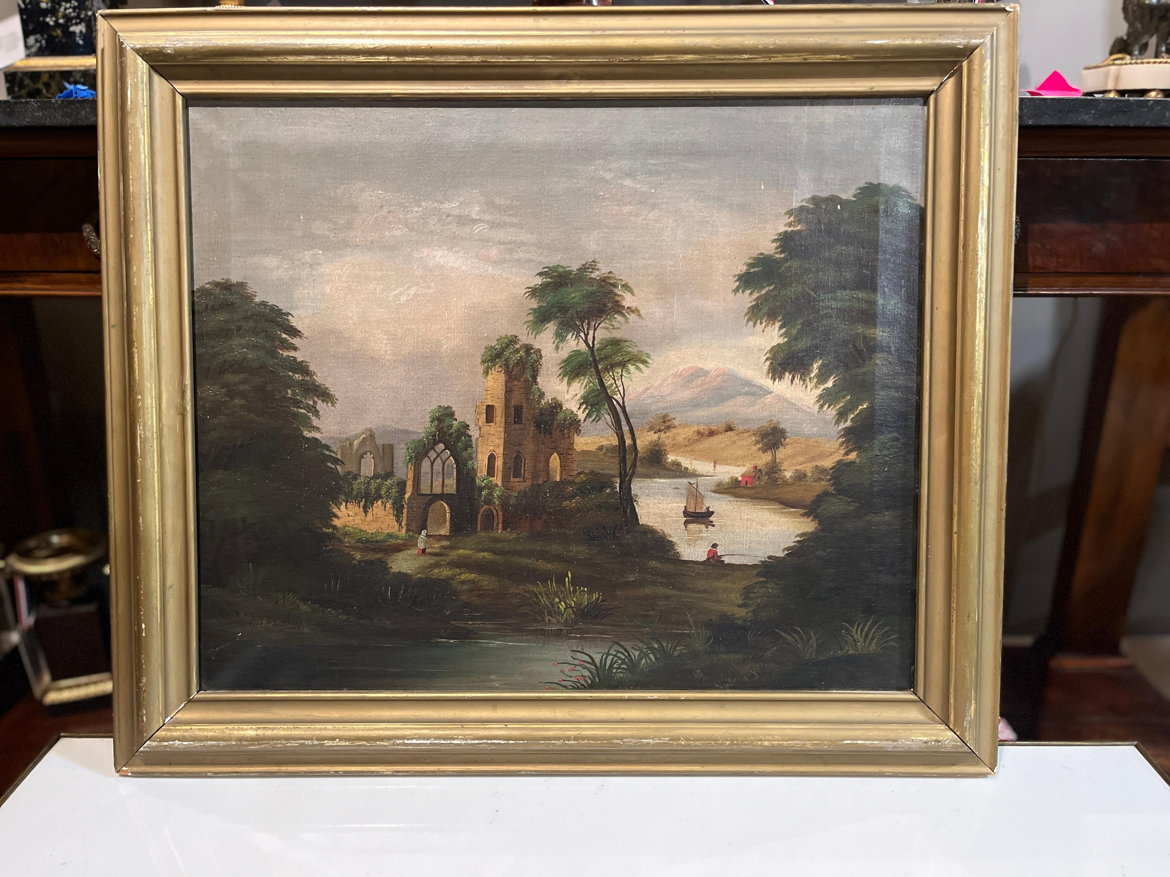 Mid 19th Century French Landscape With Castle Ruins. Gorgeous oil on linen piece. See detailed photos. Contact us for more information.