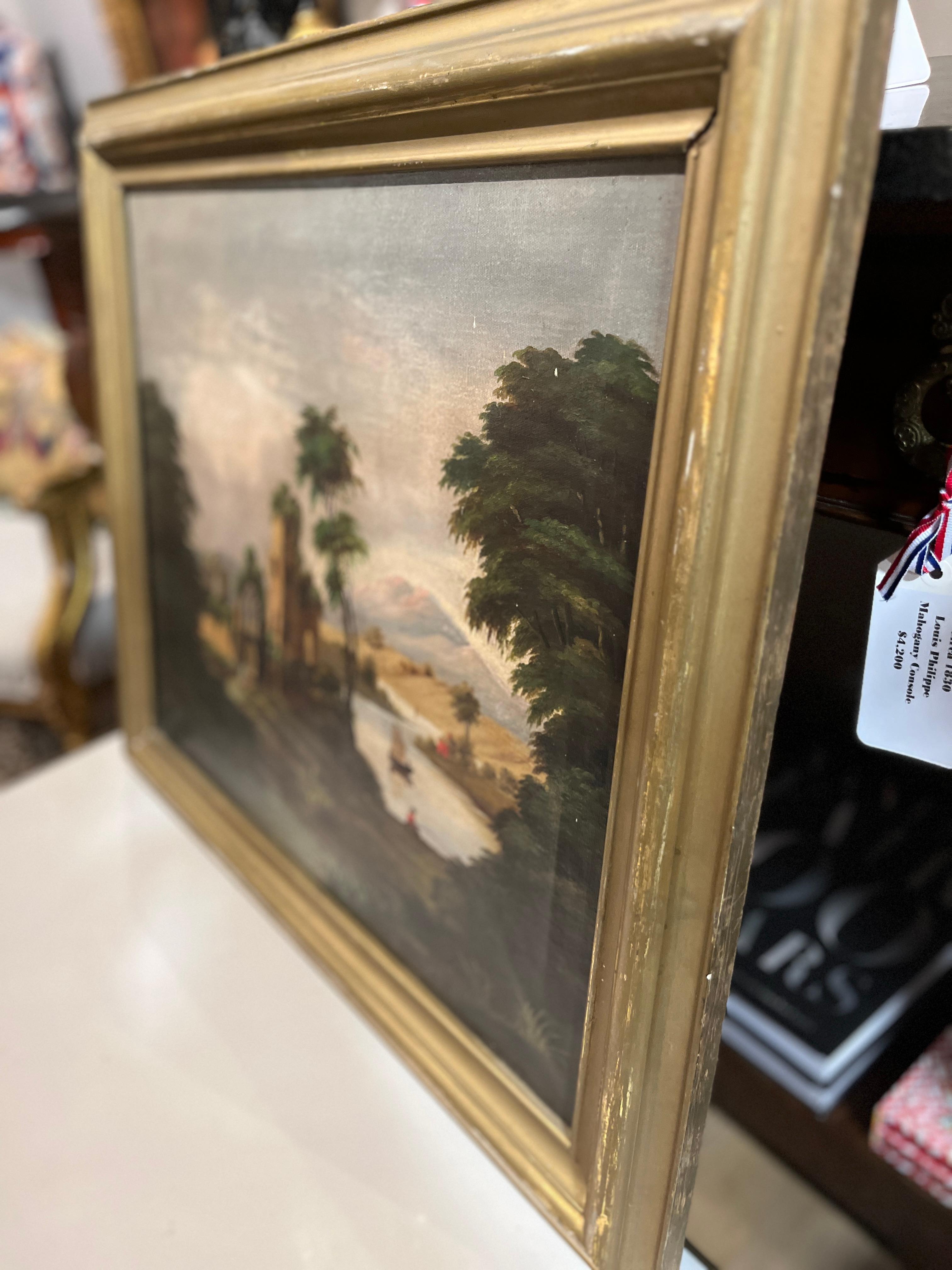 Linen Mid 19th Century French Landscape With Castle Ruins For Sale