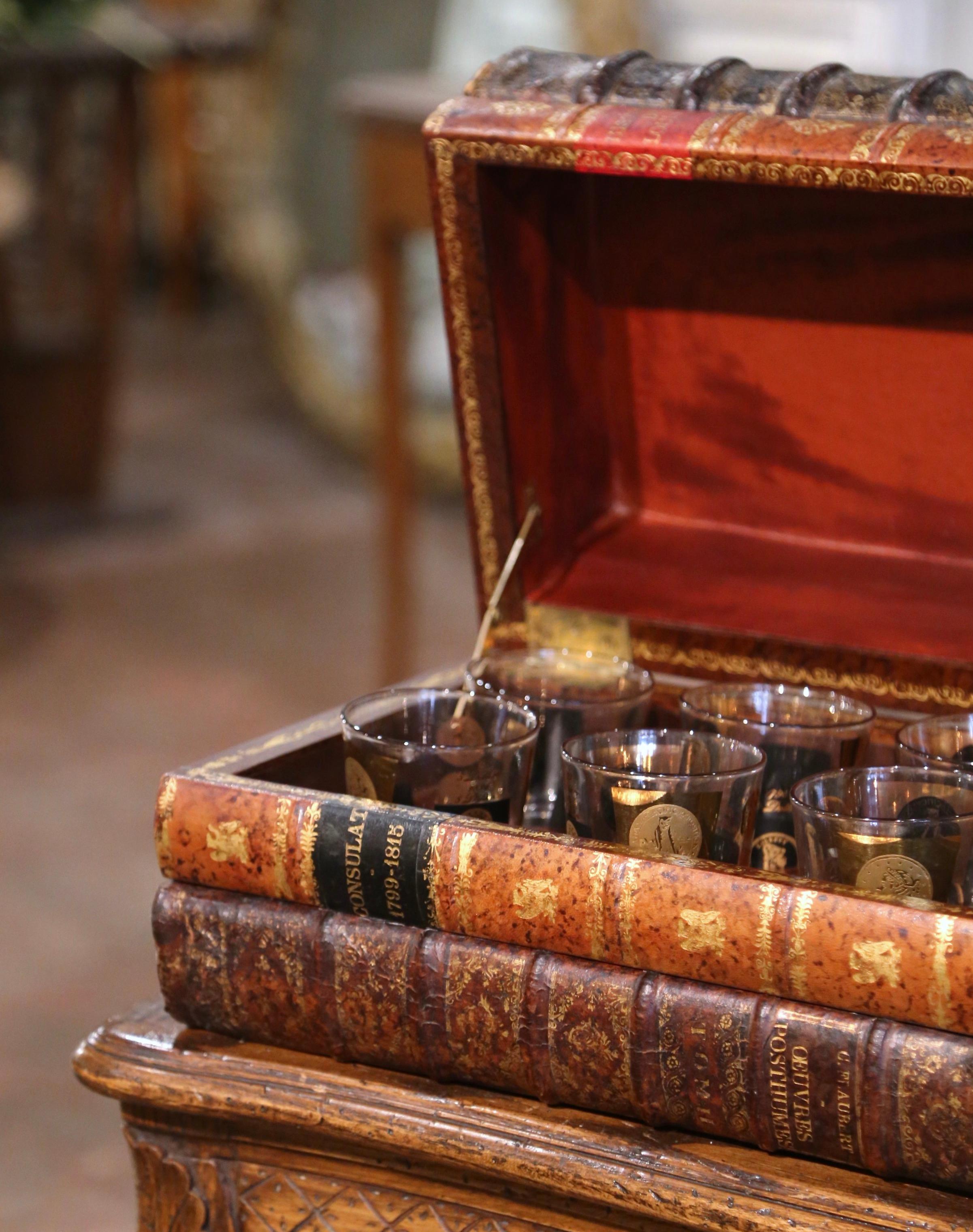Gilt Mid-19th Century French Leather Bound Book Box with Six Old Fashioned Glasses For Sale