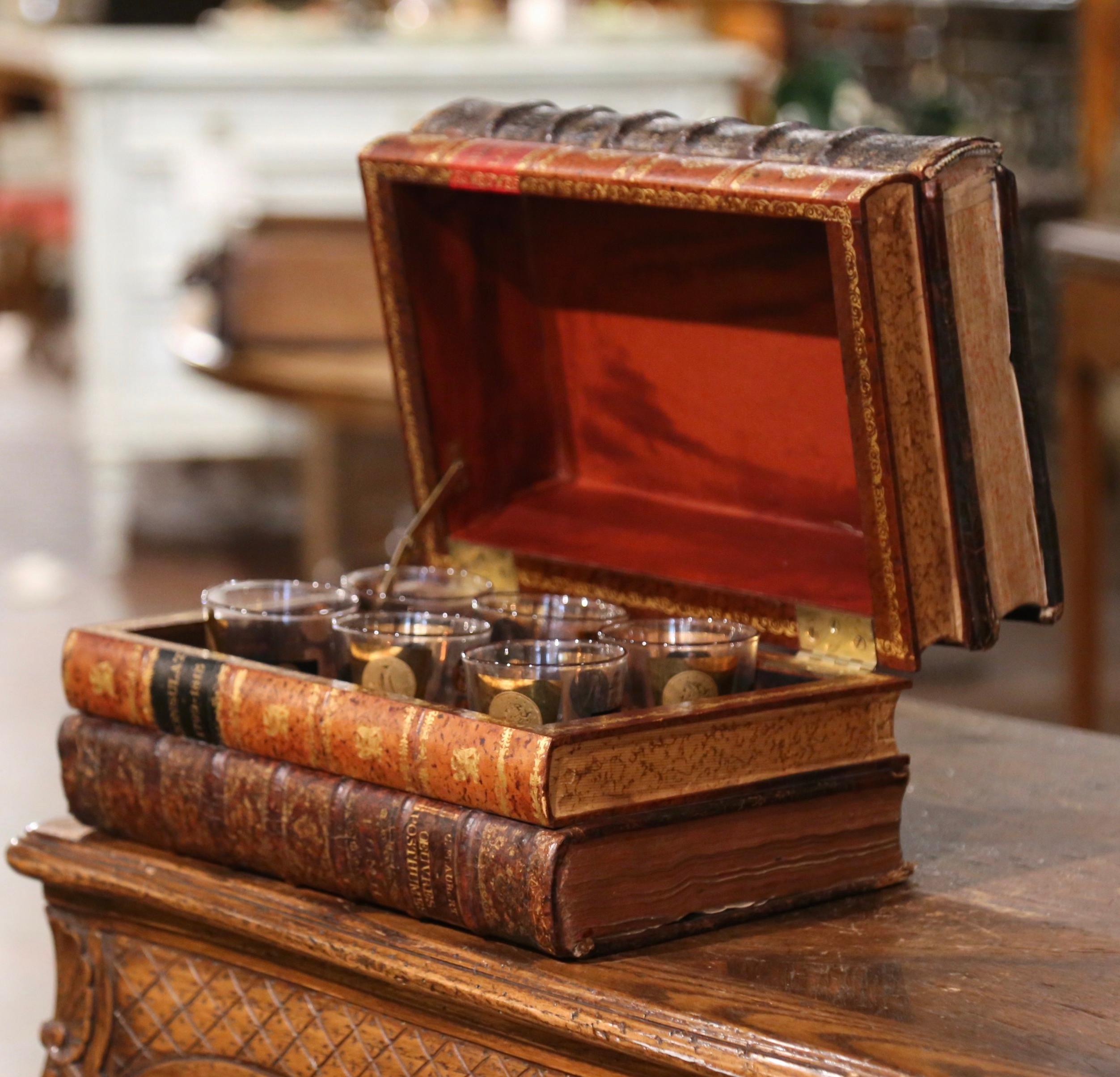 Mid-19th Century French Leather Bound Book Box with Six Old Fashioned Glasses For Sale 2
