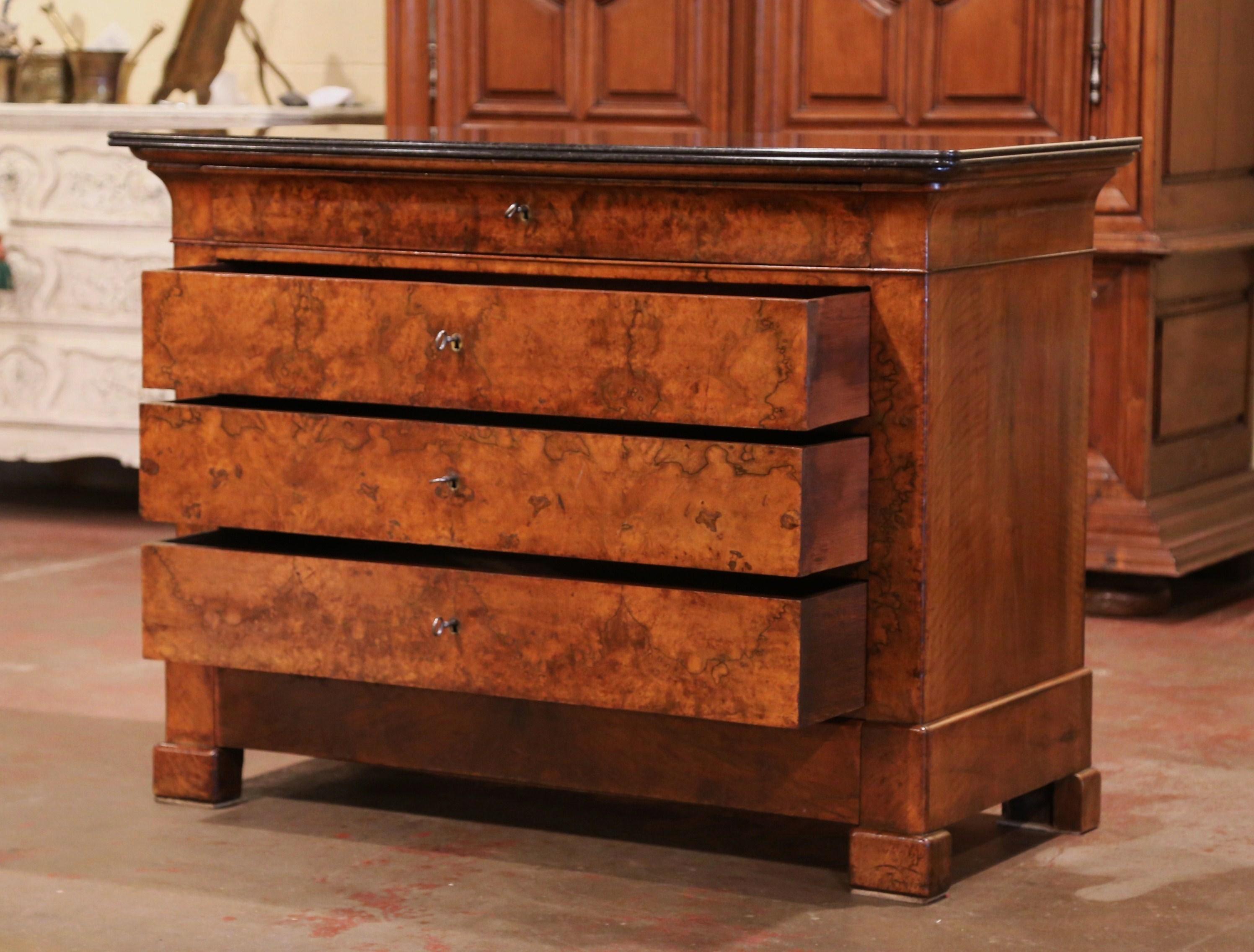 Mid-19th Century French Louis Philippe Burl Walnut Commode with Black Marble Top In Excellent Condition In Dallas, TX