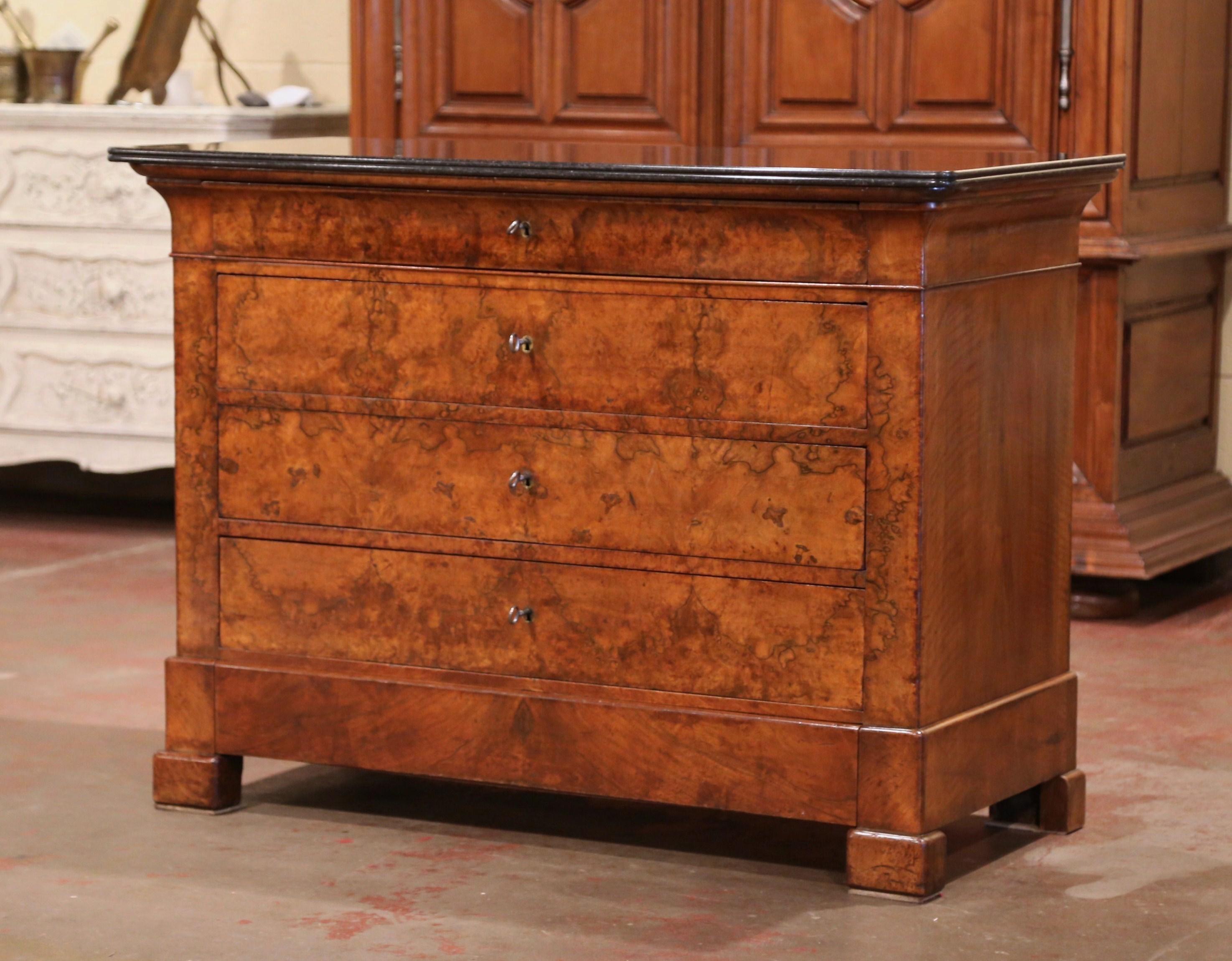 Mid-19th Century French Louis Philippe Burl Walnut Commode with Black Marble Top 1