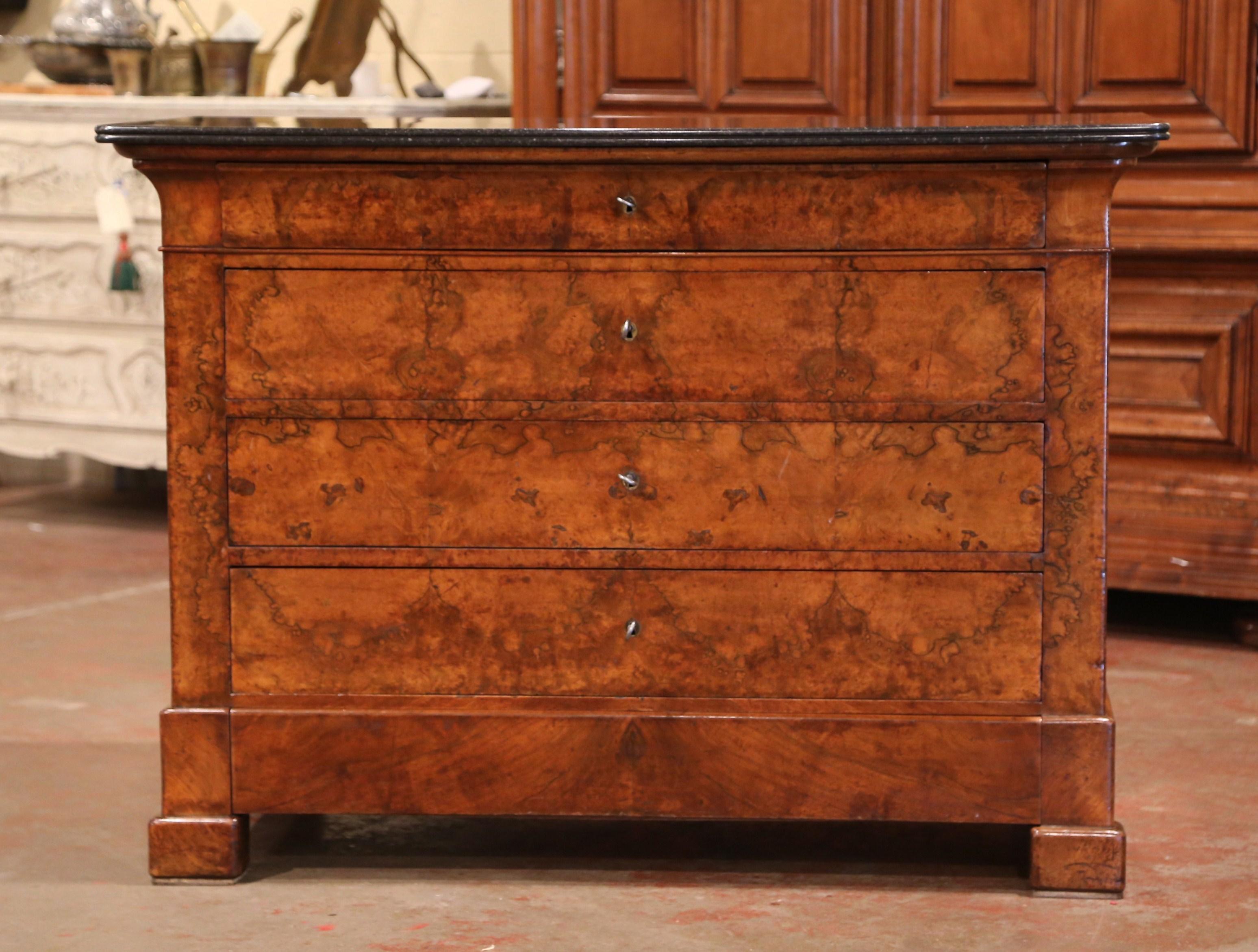 Mid-19th Century French Louis Philippe Burl Walnut Commode with Black Marble Top 2