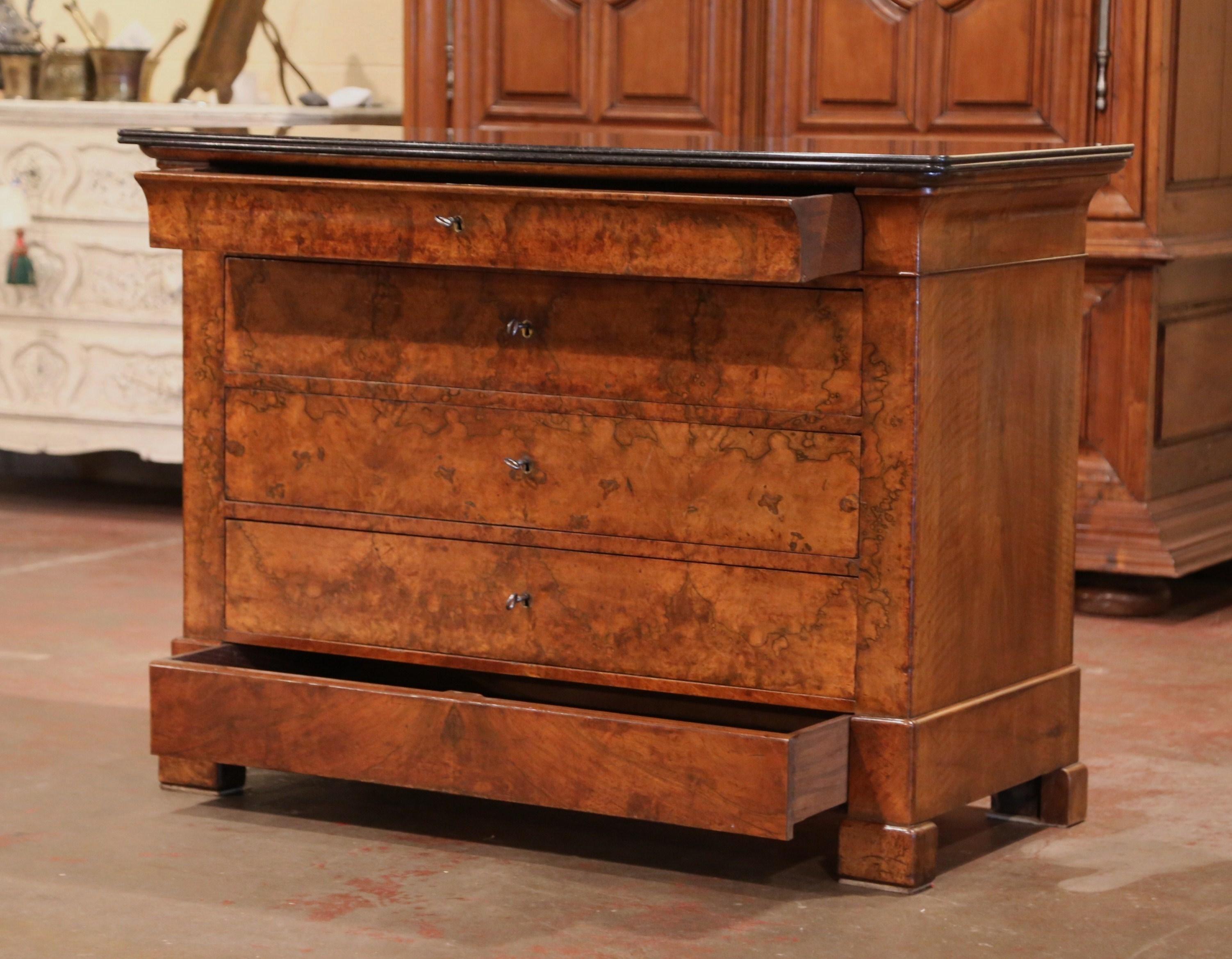 Mid-19th Century French Louis Philippe Burl Walnut Commode with Black Marble Top 3