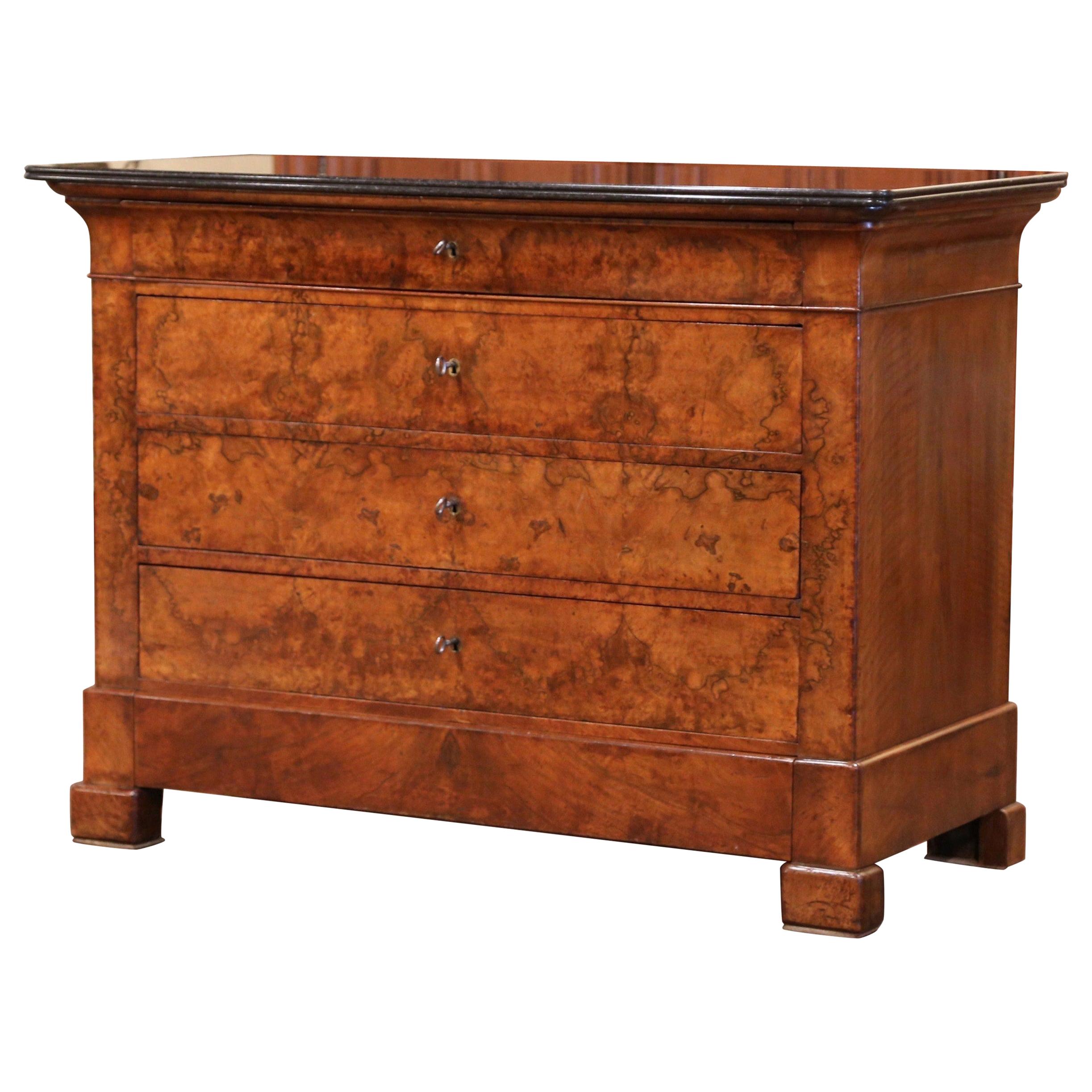 Mid-19th Century French Louis Philippe Burl Walnut Commode with Black Marble Top