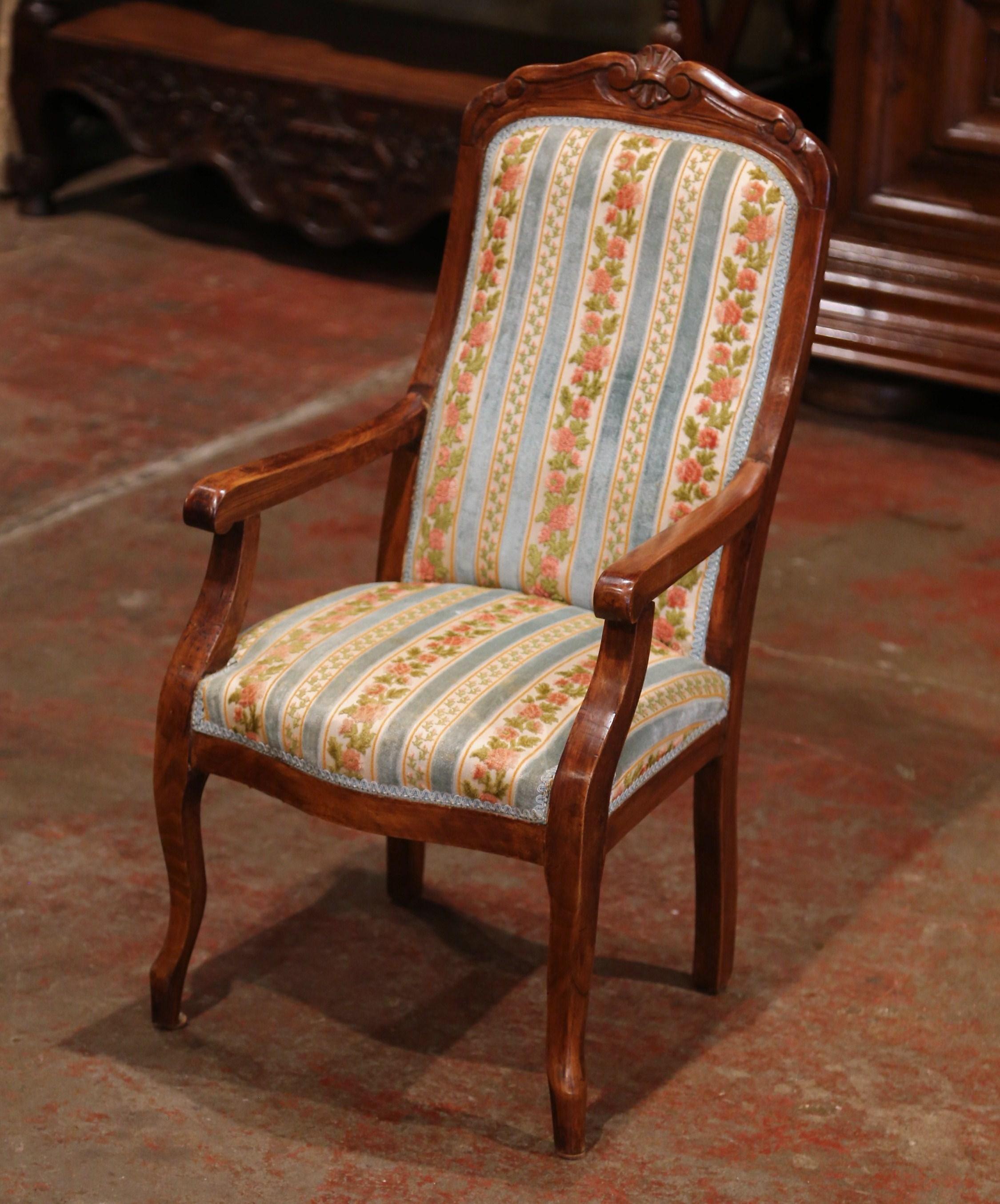 Patinated Mid-19th Century French Louis Philippe Carved Walnut and Velvet Child Armchair