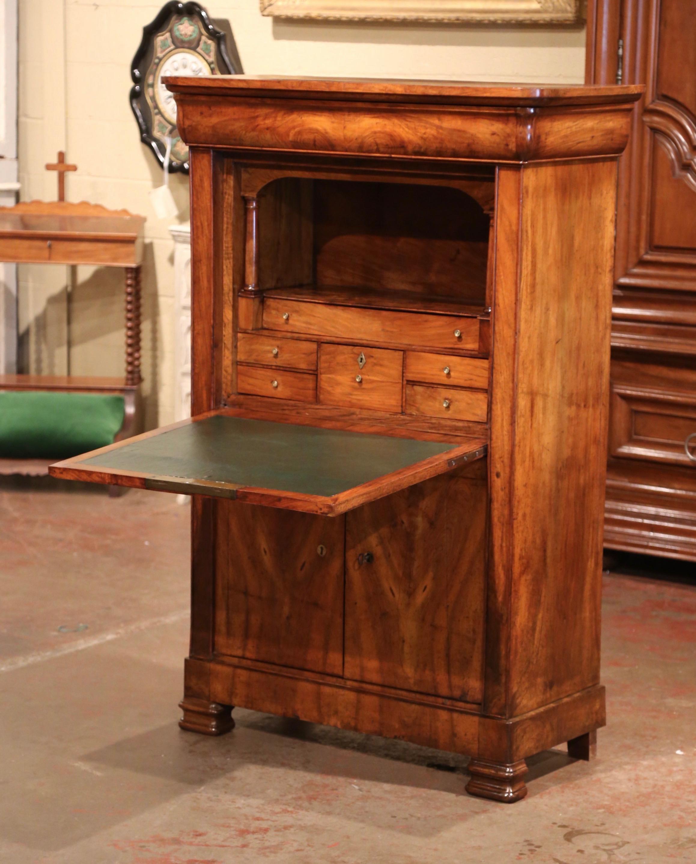 Leather Mid-19th Century French Louis Philippe Carved Walnut Secretary Cabinet For Sale
