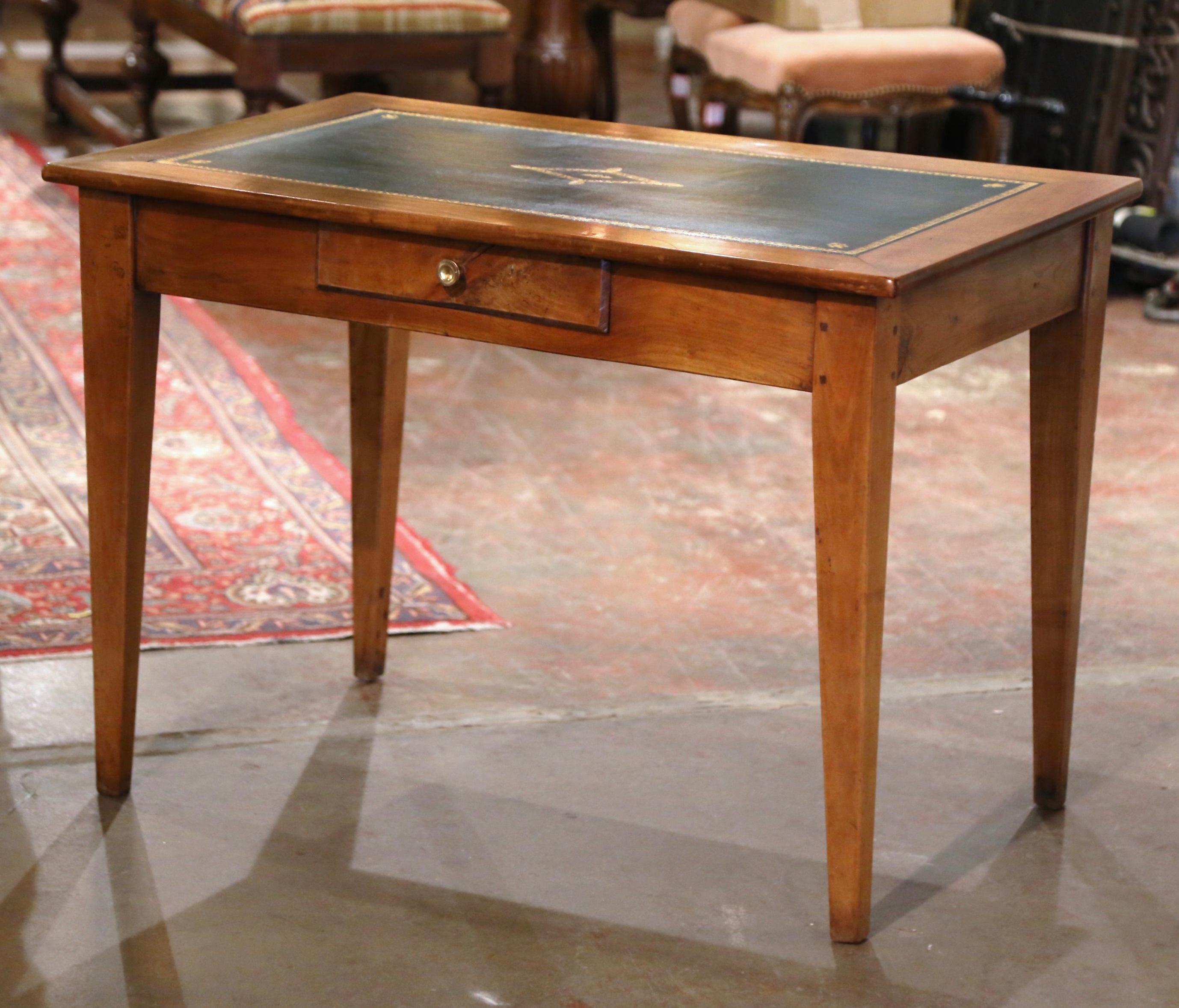 Mid-19th Century French Louis Philippe Leather Top Carved Cherry Side Table For Sale 1