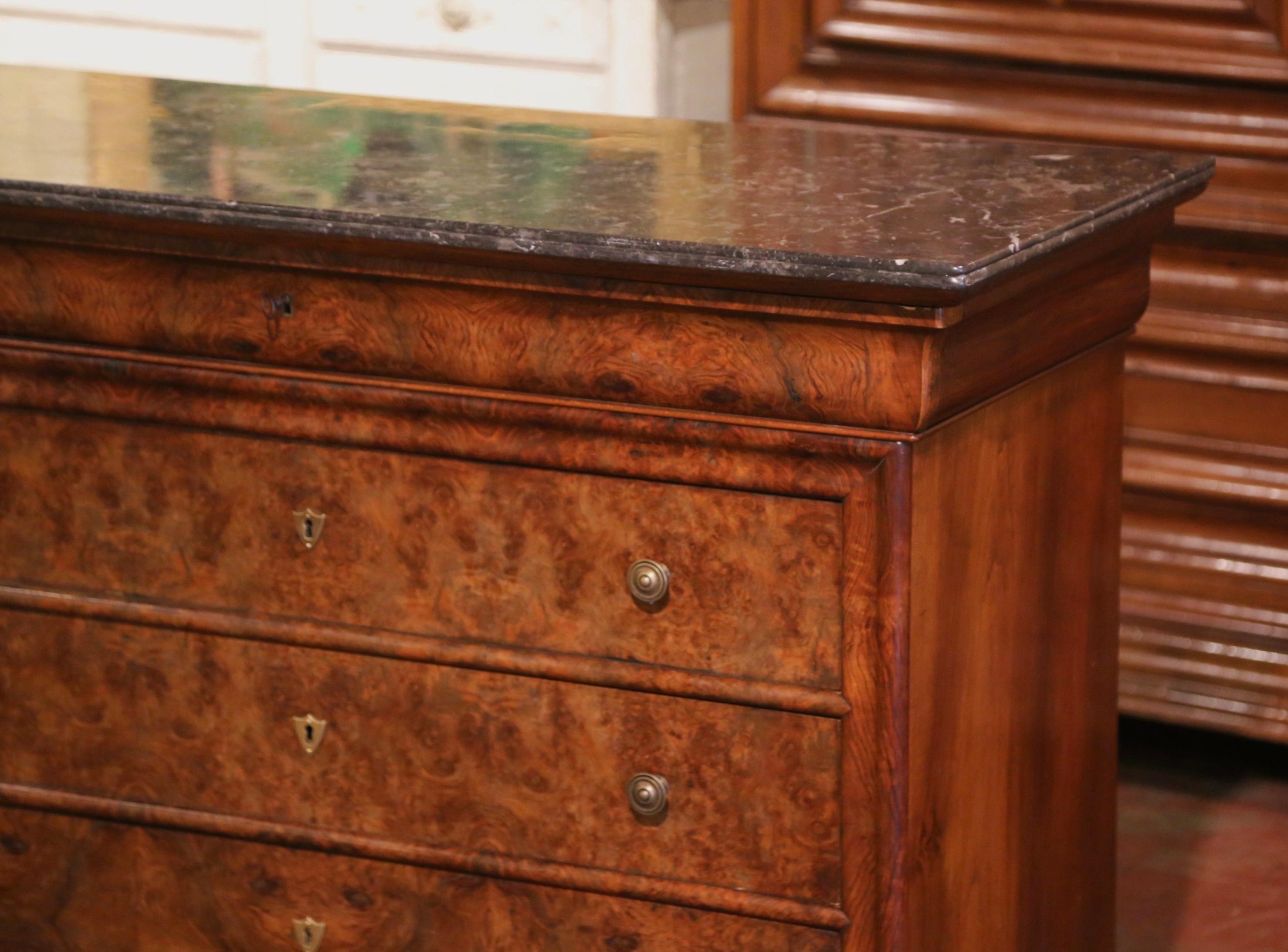 Mid-19th Century French Louis Philippe Marble Top Burl Walnut Five-Drawer Chest In Excellent Condition In Dallas, TX