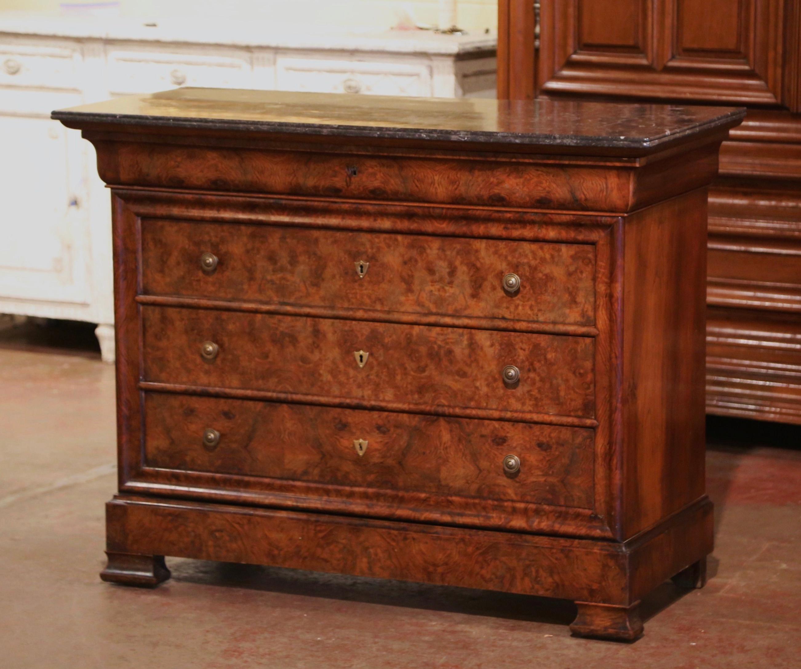 Mid-19th Century French Louis Philippe Marble Top Burl Walnut Five-Drawer Chest 1