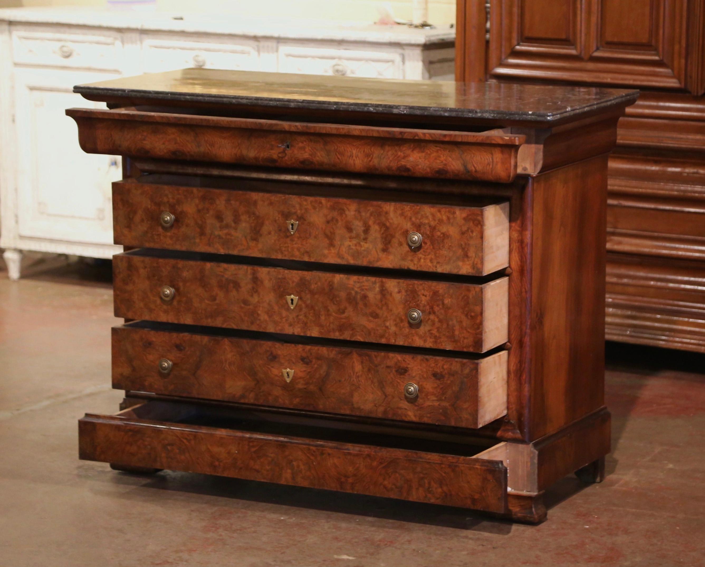 Mid-19th Century French Louis Philippe Marble Top Burl Walnut Five-Drawer Chest 5