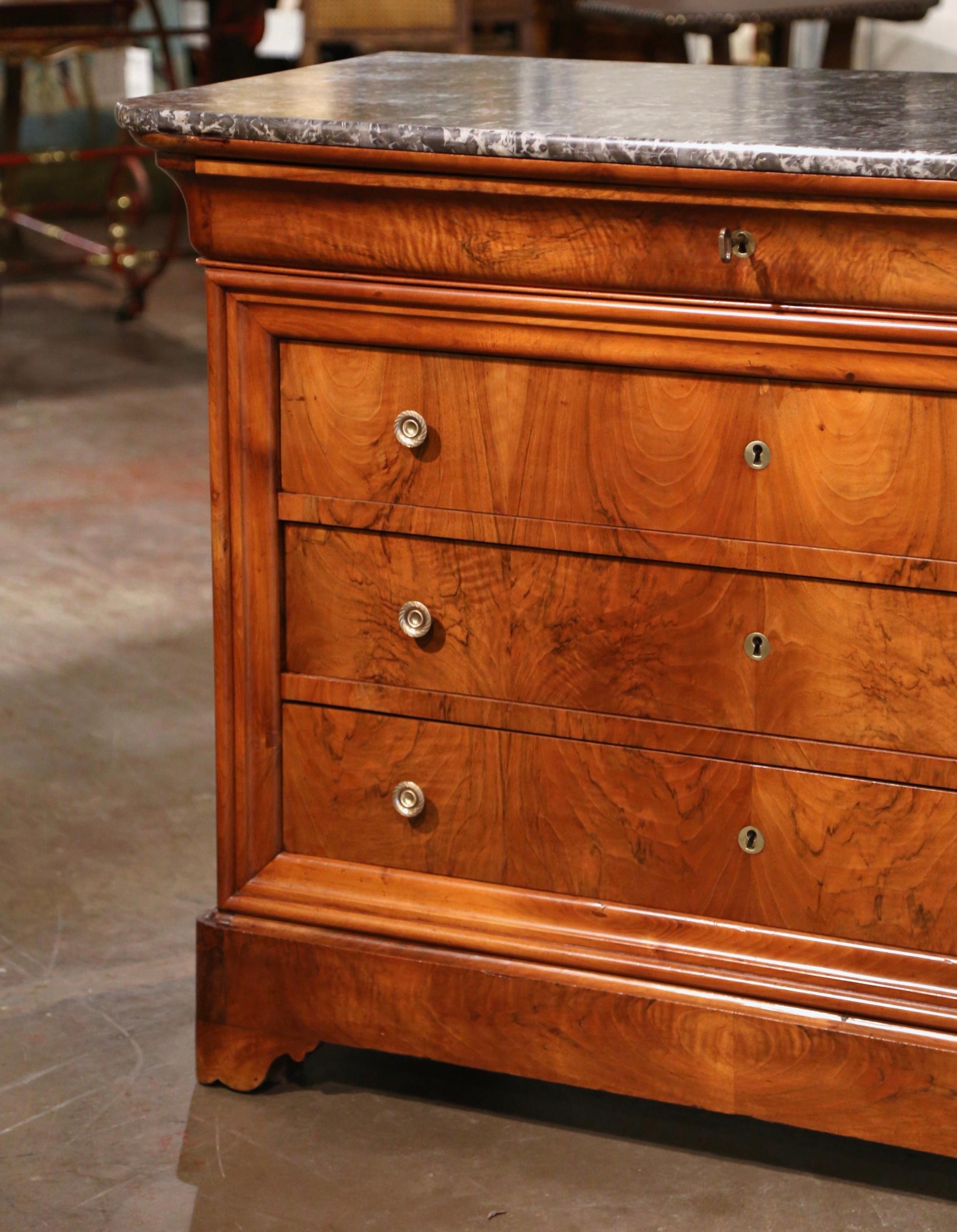 Hand-Carved Mid-19th Century French Louis Philippe Marble Top Walnut Four-Drawer Chest For Sale