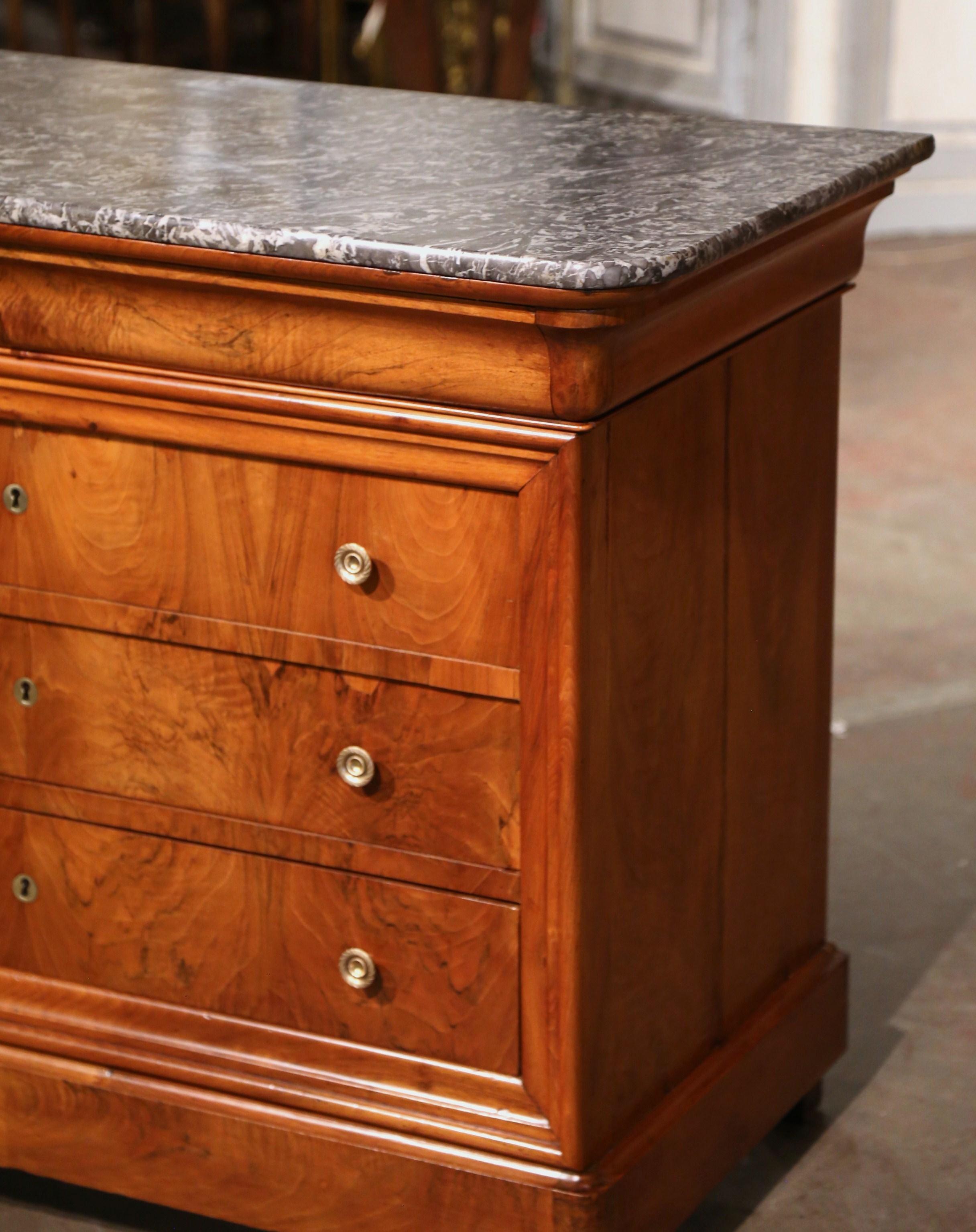 Mid-19th Century French Louis Philippe Marble Top Walnut Four-Drawer Chest In Excellent Condition In Dallas, TX