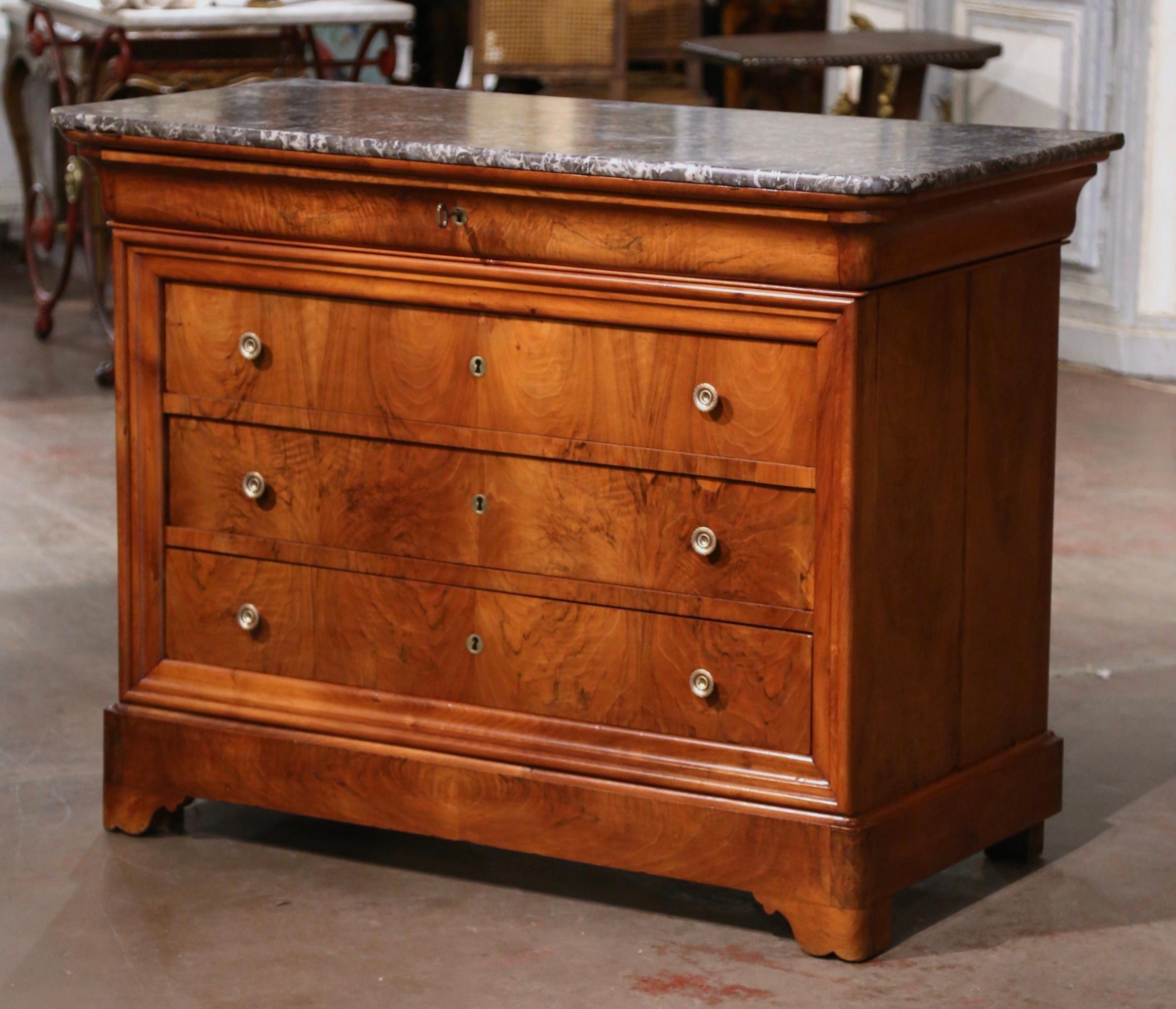 Mid-19th Century French Louis Philippe Marble Top Walnut Four-Drawer Chest For Sale 1