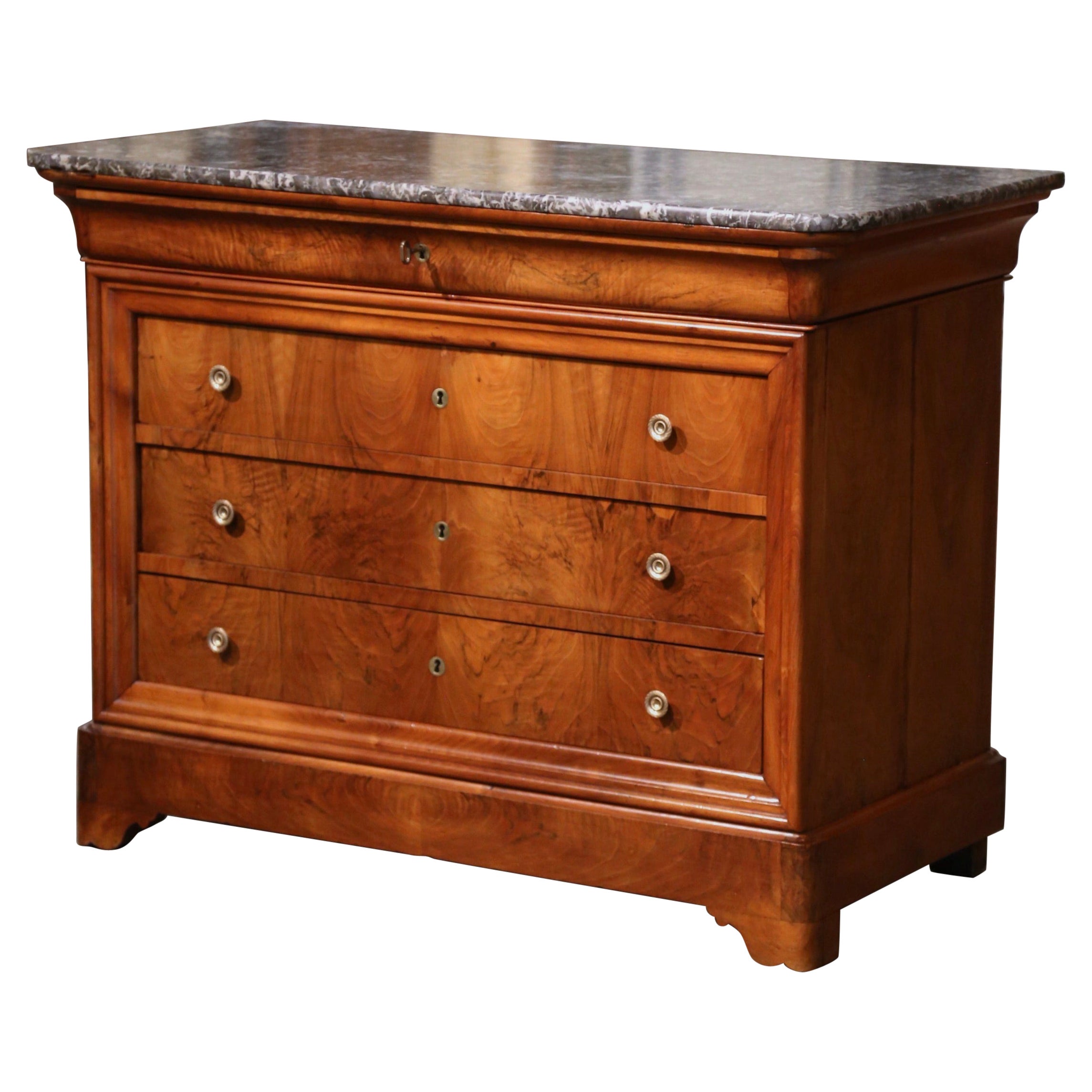 Mid-19th Century French Louis Philippe Marble Top Walnut Four-Drawer Chest