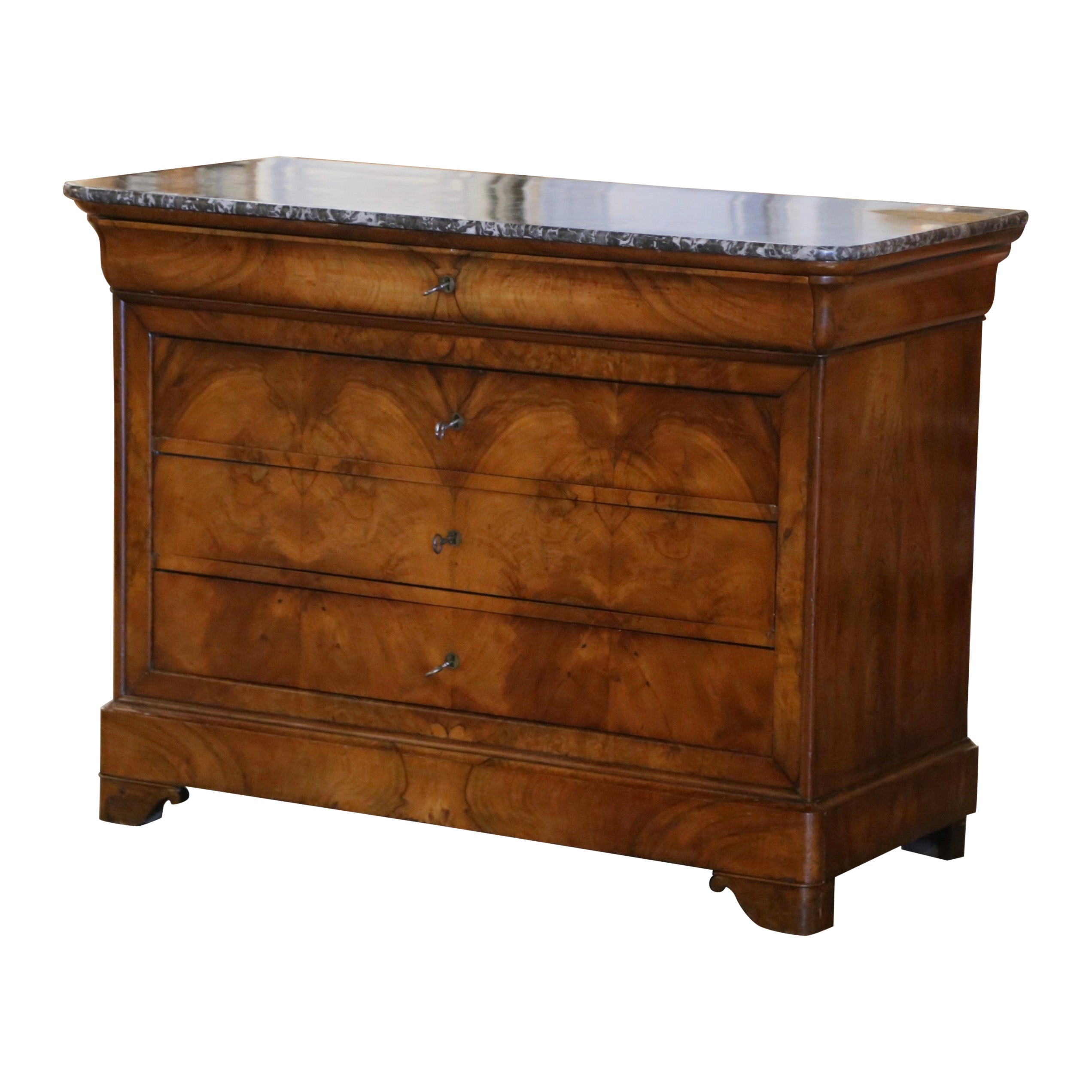 Mid-19th Century French Louis Philippe Marble Top, Walnut Four-Drawer Chest