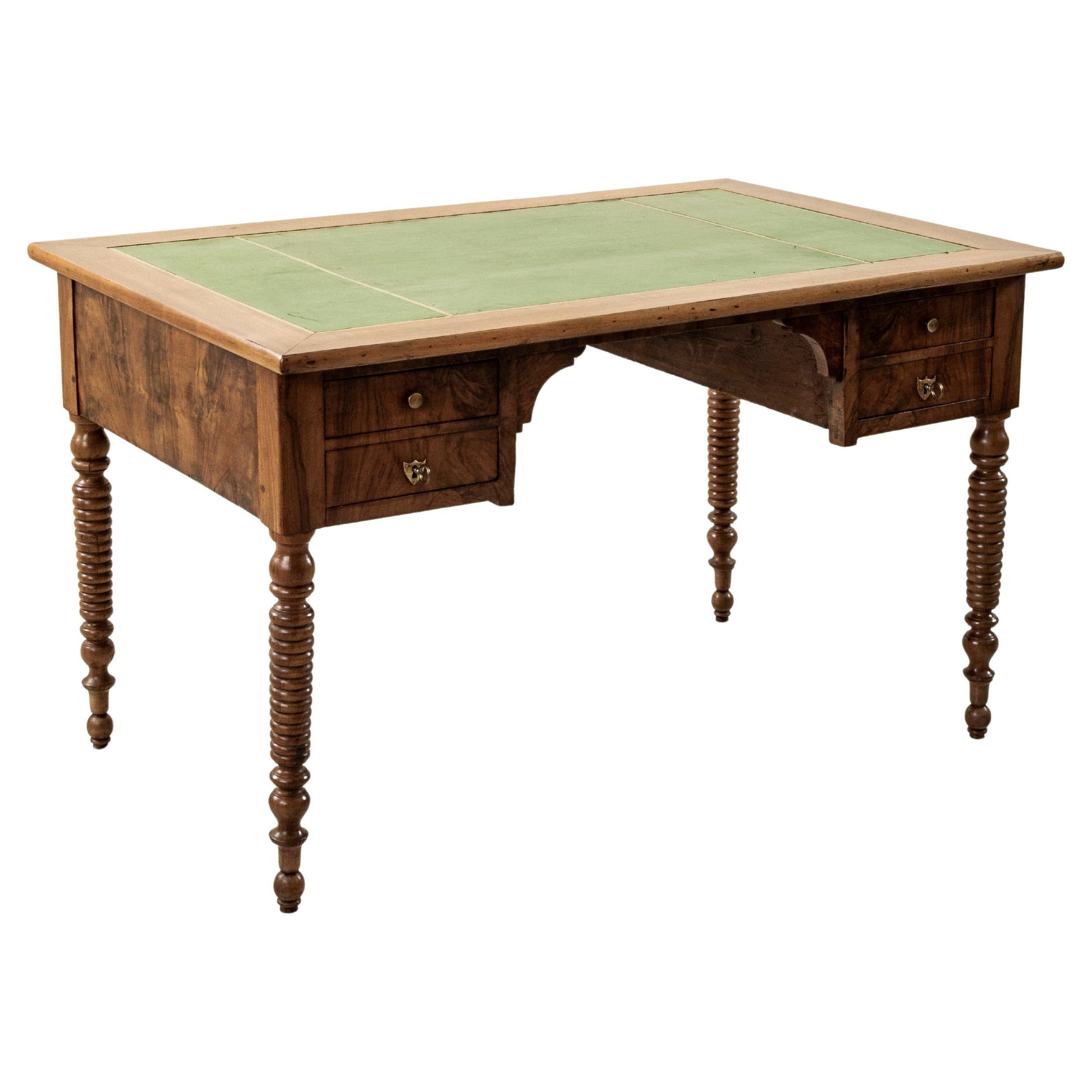 Mitte des 19. Jahrhunderts Französisch Louis Philippe Periode Burl Walnuss Schreibtisch, grünes Leder