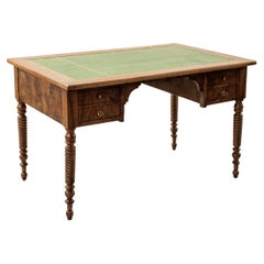 Mid-19th Century French Louis Philippe Period Burl Walnut Desk, Green Leather