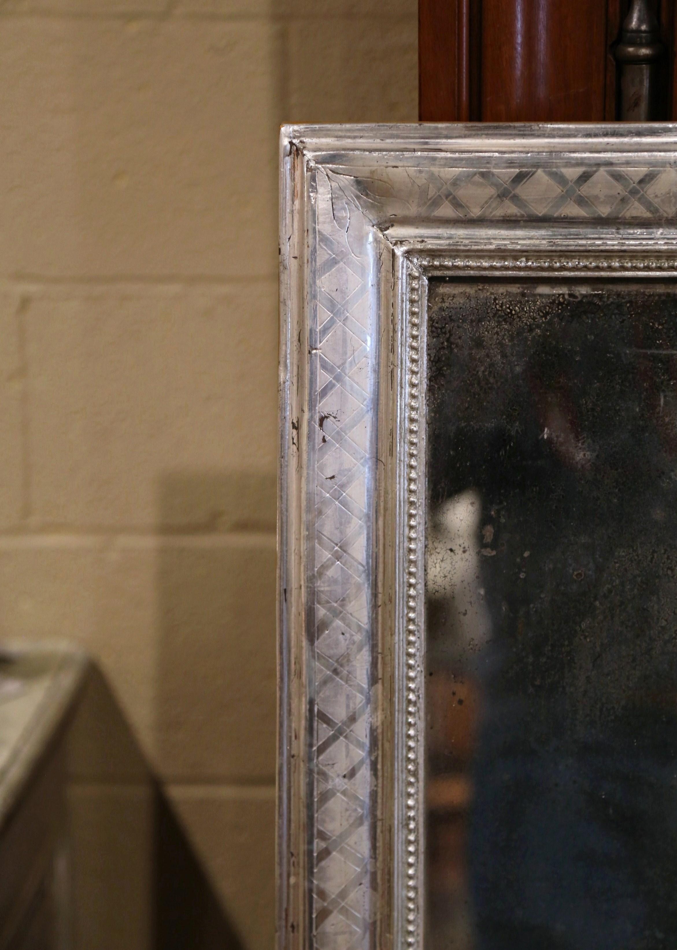 Hand-Crafted Mid-19th Century French Louis Philippe Silver Leaf Mirror with Geometric Decor