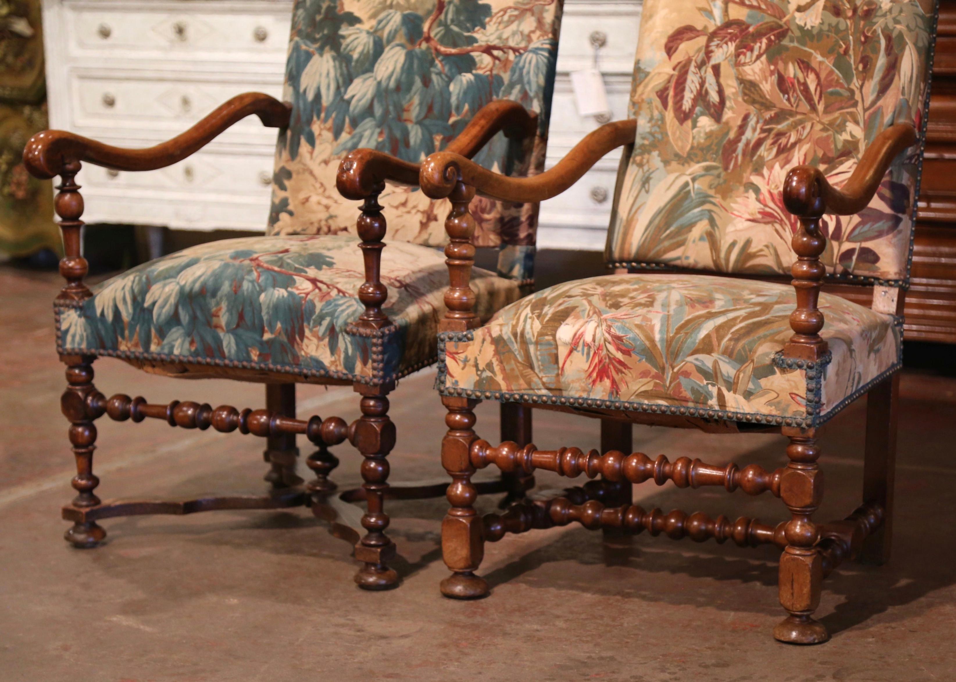 Hand-Carved  Mid-19th Century French Louis XIII Carved Walnut Armchairs - Set of Two