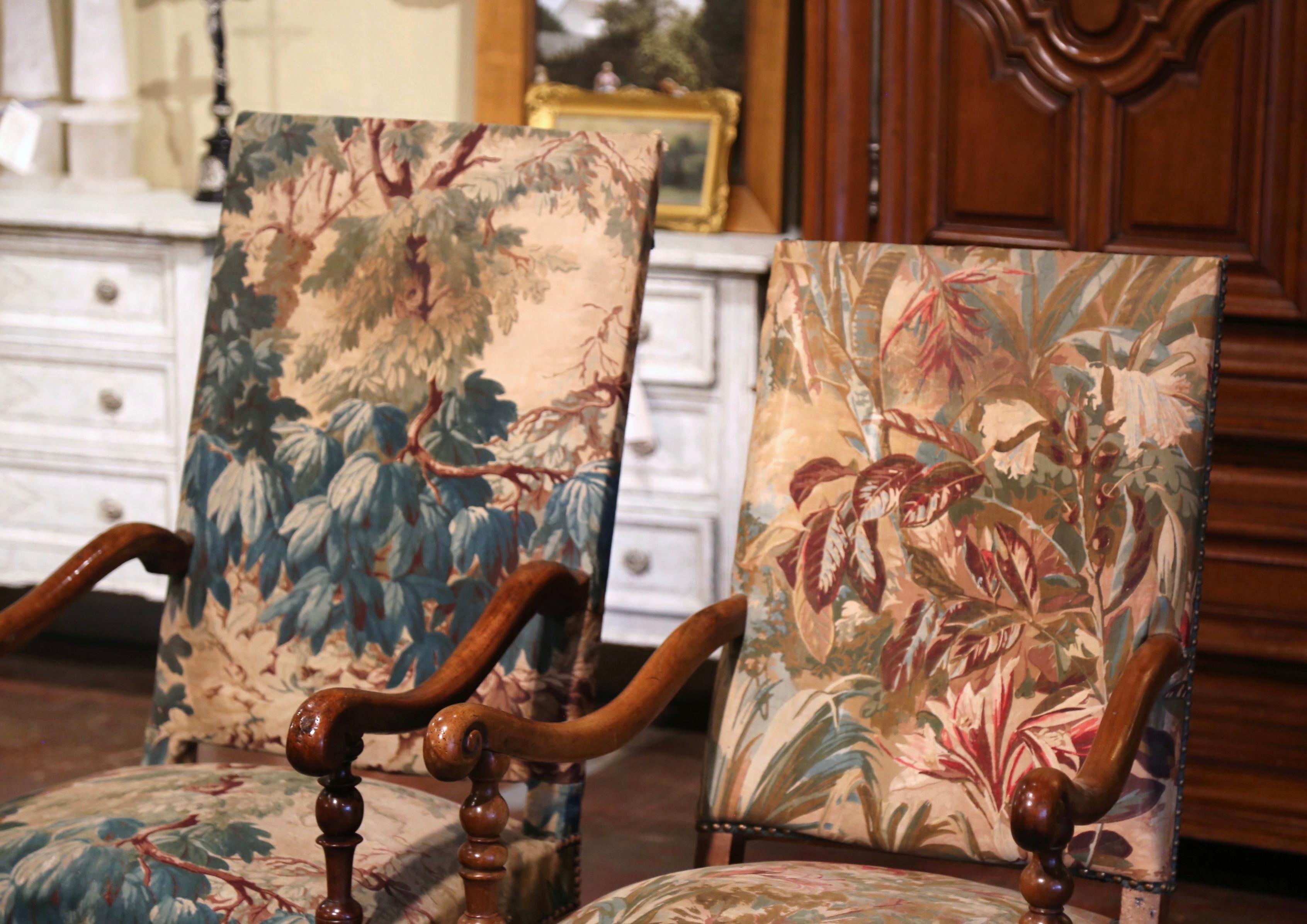  Mid-19th Century French Louis XIII Carved Walnut Armchairs - Set of Two In Fair Condition In Dallas, TX