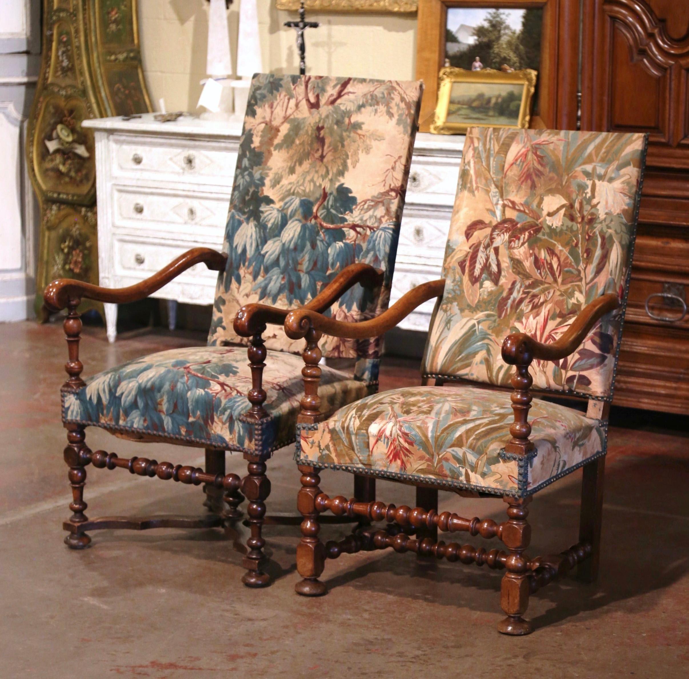 Fabric  Mid-19th Century French Louis XIII Carved Walnut Armchairs - Set of Two