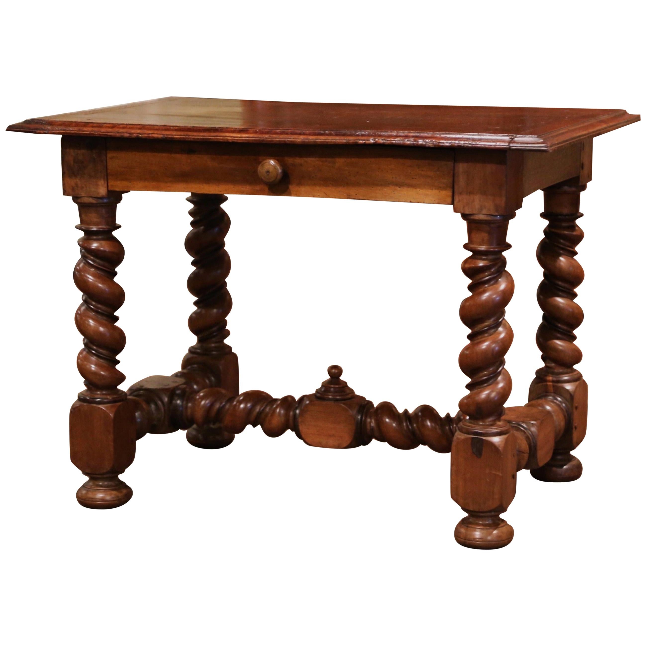 19th Century French Louis XIII Carved Barley Twist Walnut Table Desk For Sale