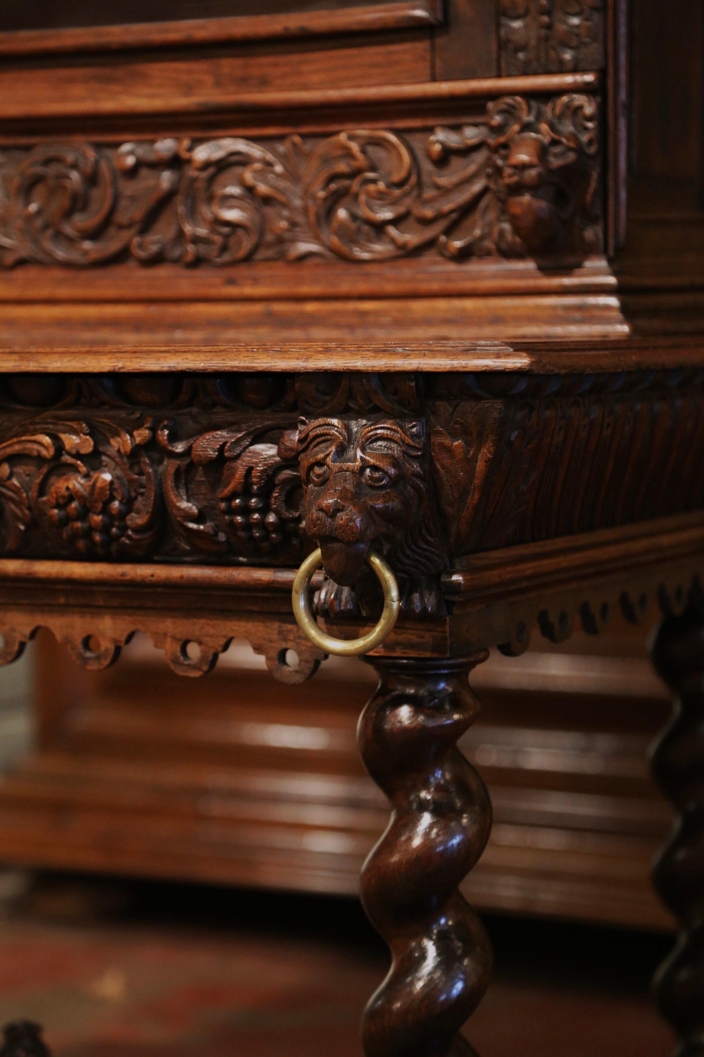 Mid-19th Century French Louis XIII Heavily Carved Oak Secretary Bookcase Desk For Sale 7
