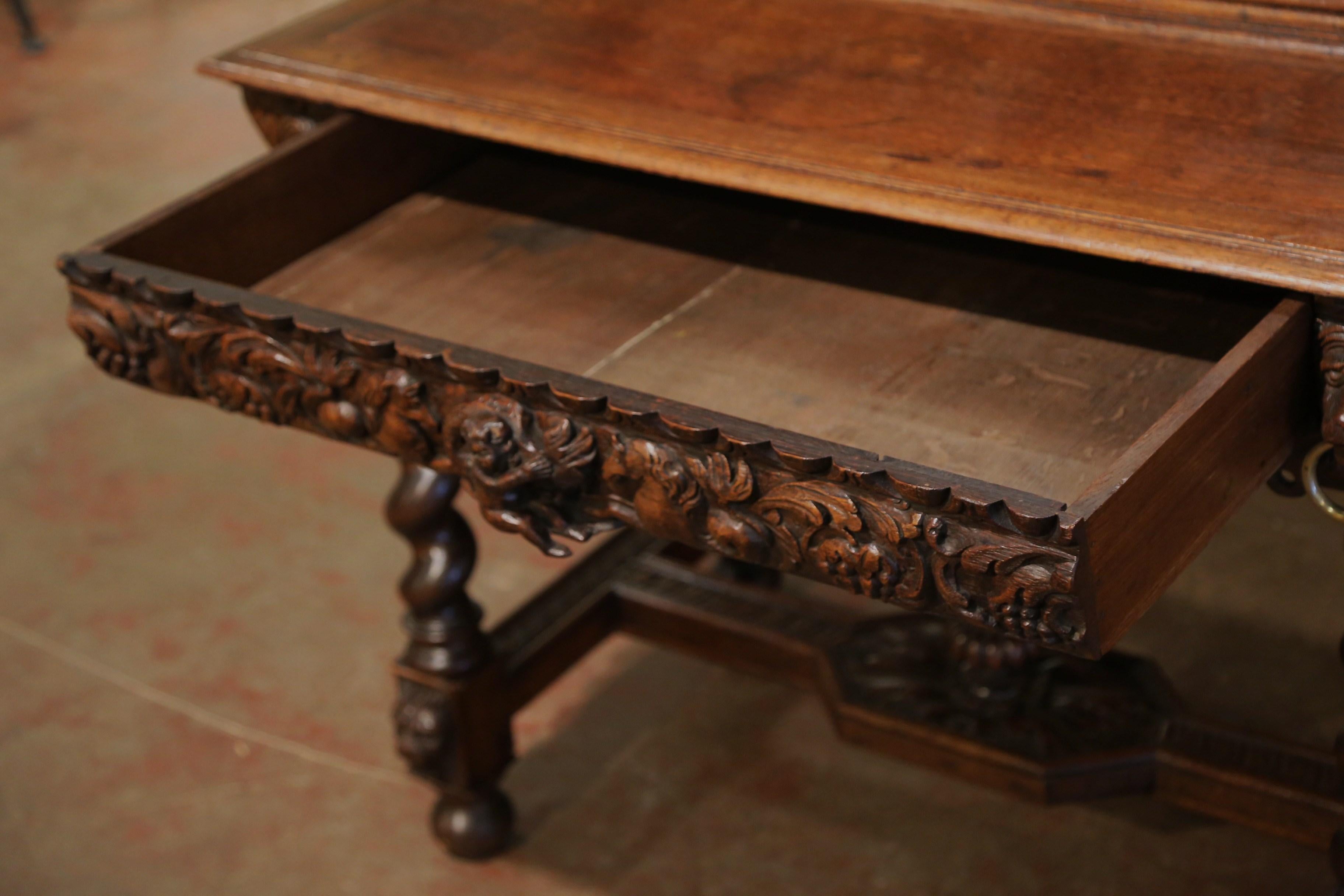 Mid-19th Century French Louis XIII Heavily Carved Oak Secretary Bookcase Desk For Sale 8
